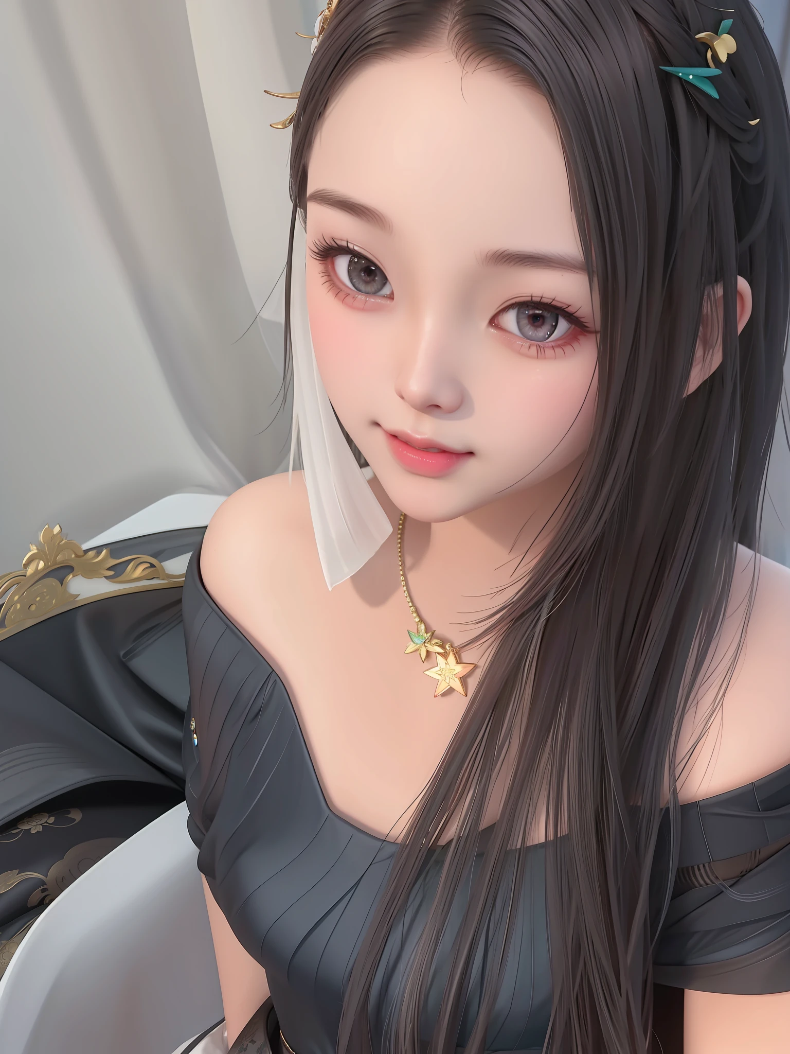 best quality, masterpiece, highres, 1girl,blush,(seductive smile:0.8),star-shaped pupils,china hanfu,hair ornament,necklace, jewelry,Beautiful face,upon_body, tyndall effect,photorealistic, dark studio, rim lighting, two tone lighting,(high detailed skin:1.2), 8k uhd, dslr, soft lighting, high quality, volumetric lighting, candid, Photograph, high resolution, 4k, 8k, Bokeh