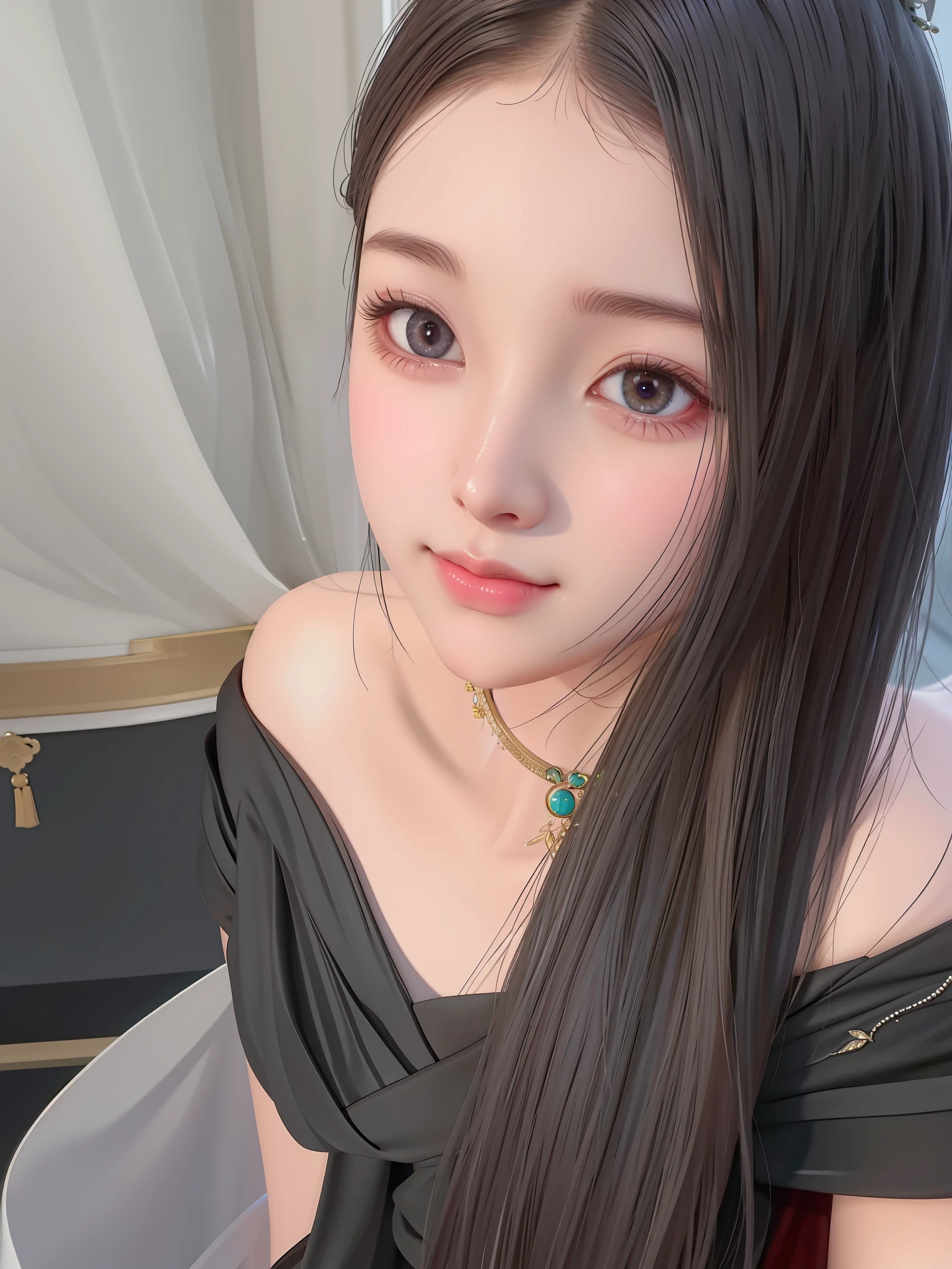 best quality, masterpiece, highres, 1girl,blush,(seductive smile:0.8),star-shaped pupils,china hanfu,hair ornament,necklace, jewelry,Beautiful face,upon_body, tyndall effect,photorealistic, dark studio, rim lighting, two tone lighting,(high detailed skin:1.2), 8k uhd, dslr, soft lighting, high quality, volumetric lighting, candid, Photograph, high resolution, 4k, 8k, Bokeh