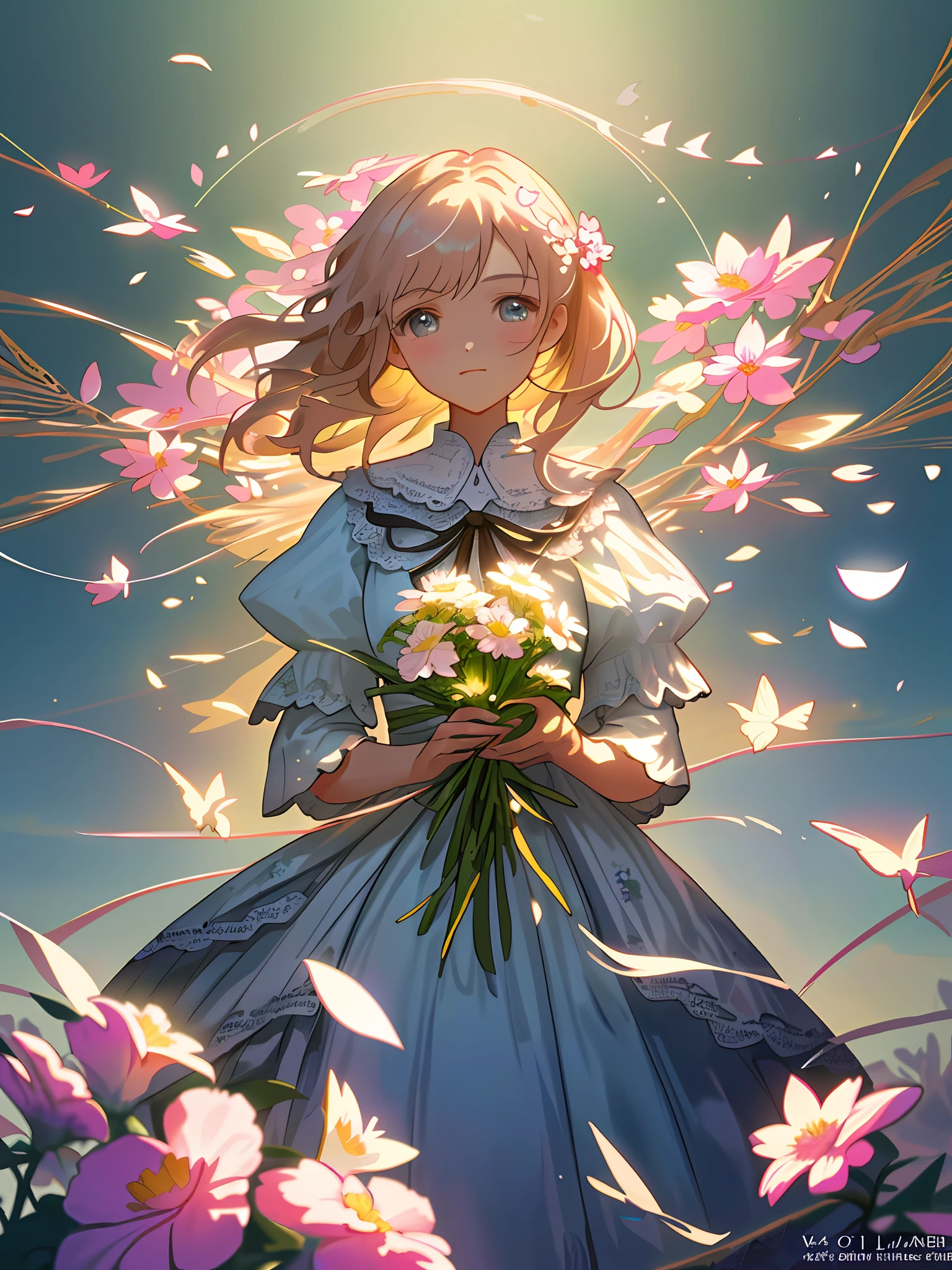 (Masterpiece: 1.2, highest quality), Ultra detailed, high resolution, beautiful and aesthetic, Fine Beauty: 1.3), ((Depth of Field)), (Detailed face with fine eyes: 1.3), (Beautiful and clear background: 1.2), (Highly detailed CG, super detail, best shadow: 1.1), (Very fine and beautiful: 1.1), (Perfect detail: 1.1), (1 female), lace, ribbon, dress, ( Fractal Art: 1.4), official art, colorful, pastel colors, solo, (lots of flower effects 1.4), lots of petals fluttering, beautiful light, flowers and petals, beautiful concept illustration, cowboy shot