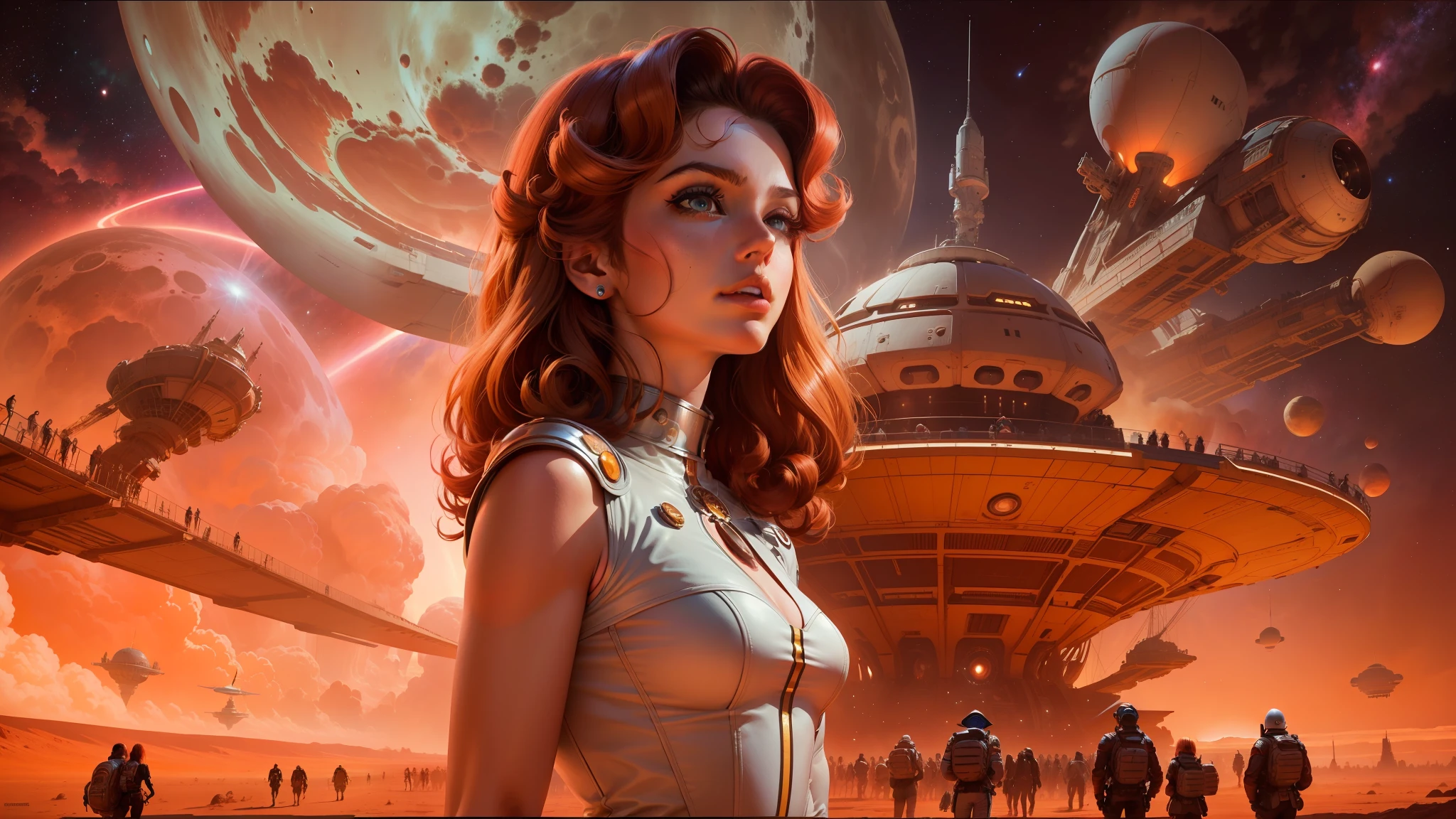 there is a woman standing in front of a spaceship with a lot of people, film key art, mars attacks, pablo dominguez, megara, by Christopher Moeller, aesthetic / a riot in mars, 60s, charli bowater and artgeem, cosmic girl, by Wojciech Siudmak, barbarella