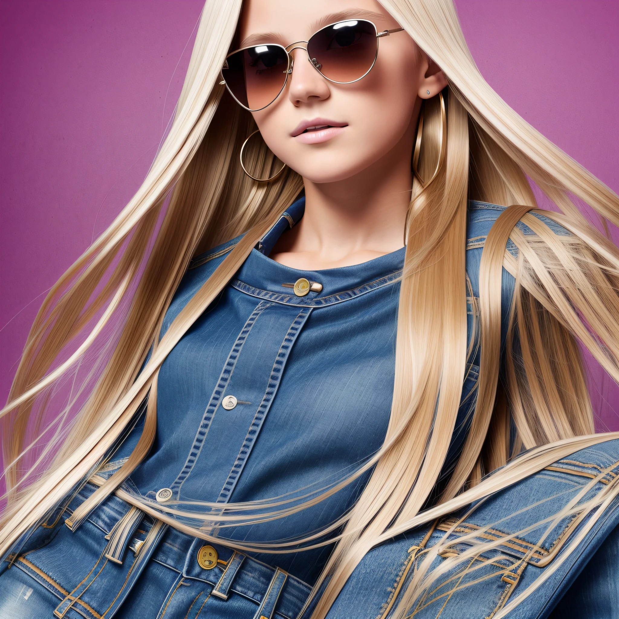  blonde girl long and straight hair with fashion sunglasses. and fashion jeans, photorealistic clothing. --auto --s2