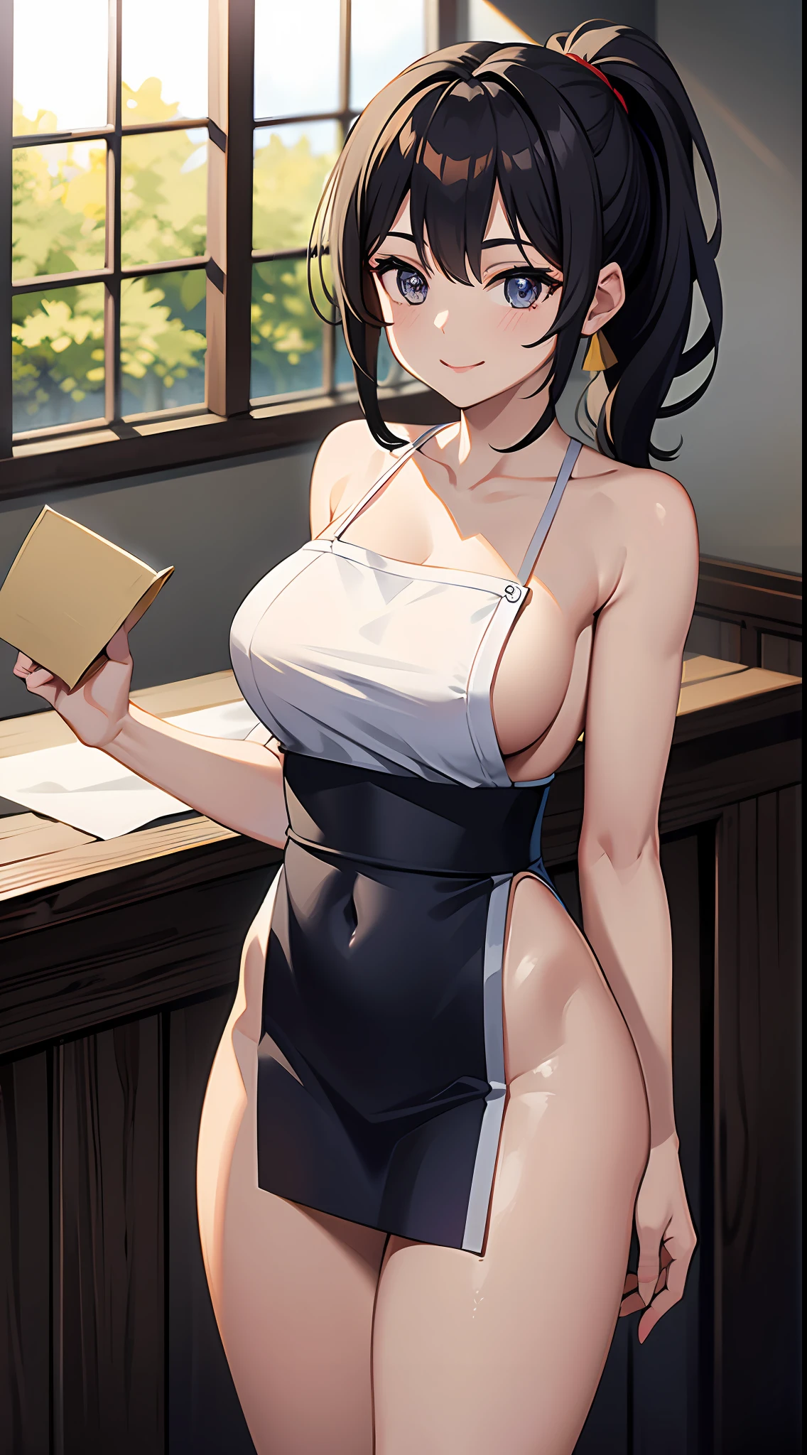 1girl, masterpiece, best quality, medium full shot, beautiful, (naked:1.1), ((napkin)), busty, brown ponytail, thick thighs, standing, kitchen, smiling