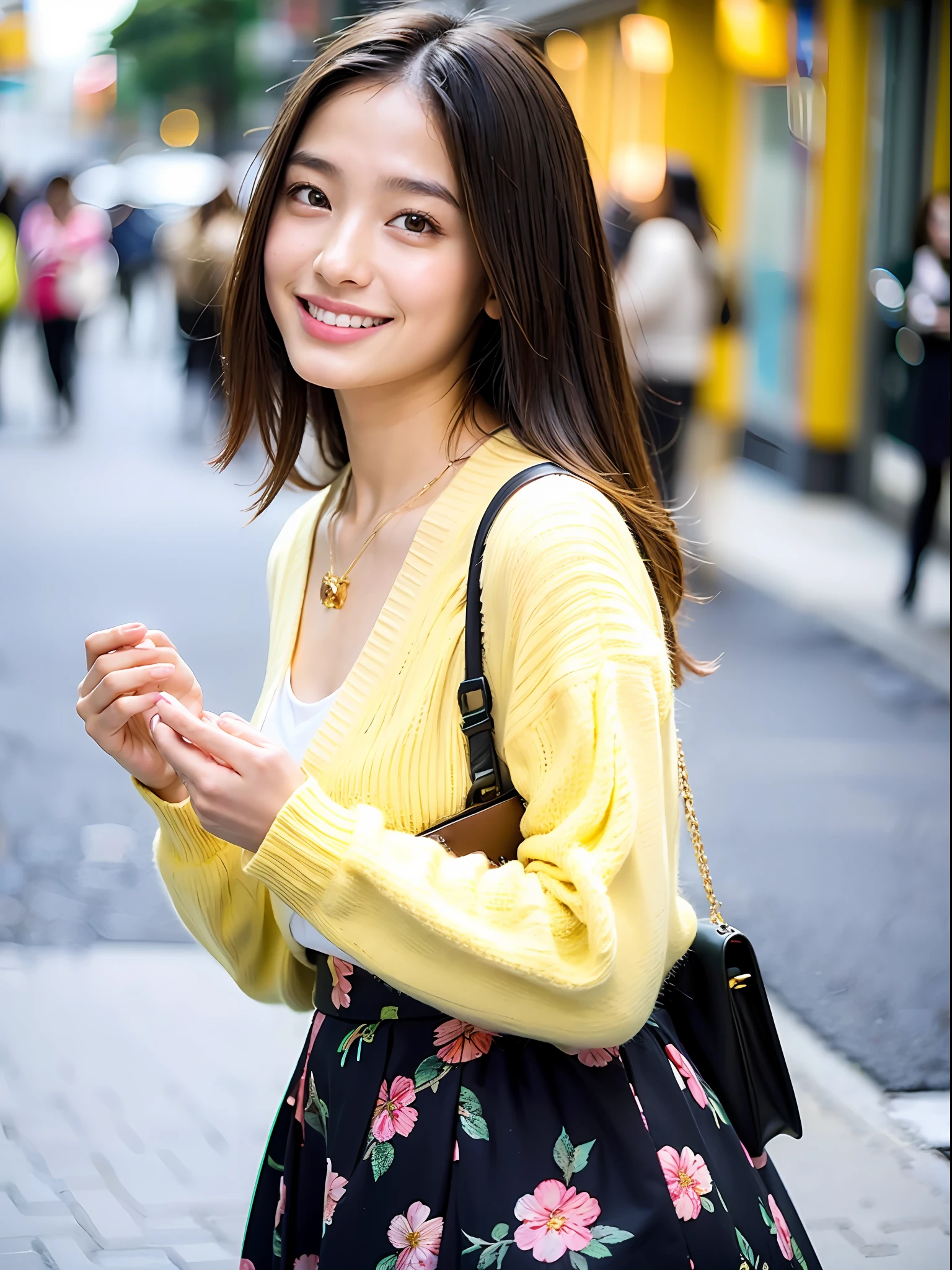 18 year old girl with perfect face and big, café, right hand with hair, cute clothes, slim and slender physique. The skin has detailed and highly detailed eyes (1.1 emphasis), very detailed skin texture (1.1 emphasis). Slender necklace, model photo style, photorealistic, skin texture is real human skin texture, detailed skin pores, complex details, eyes are very detailed, black floral skirt: 1.5, high neck white shirt: 1.2, lemon yellow cardigan, dark brown bag, street, smile, viewer's eye view, dimples
