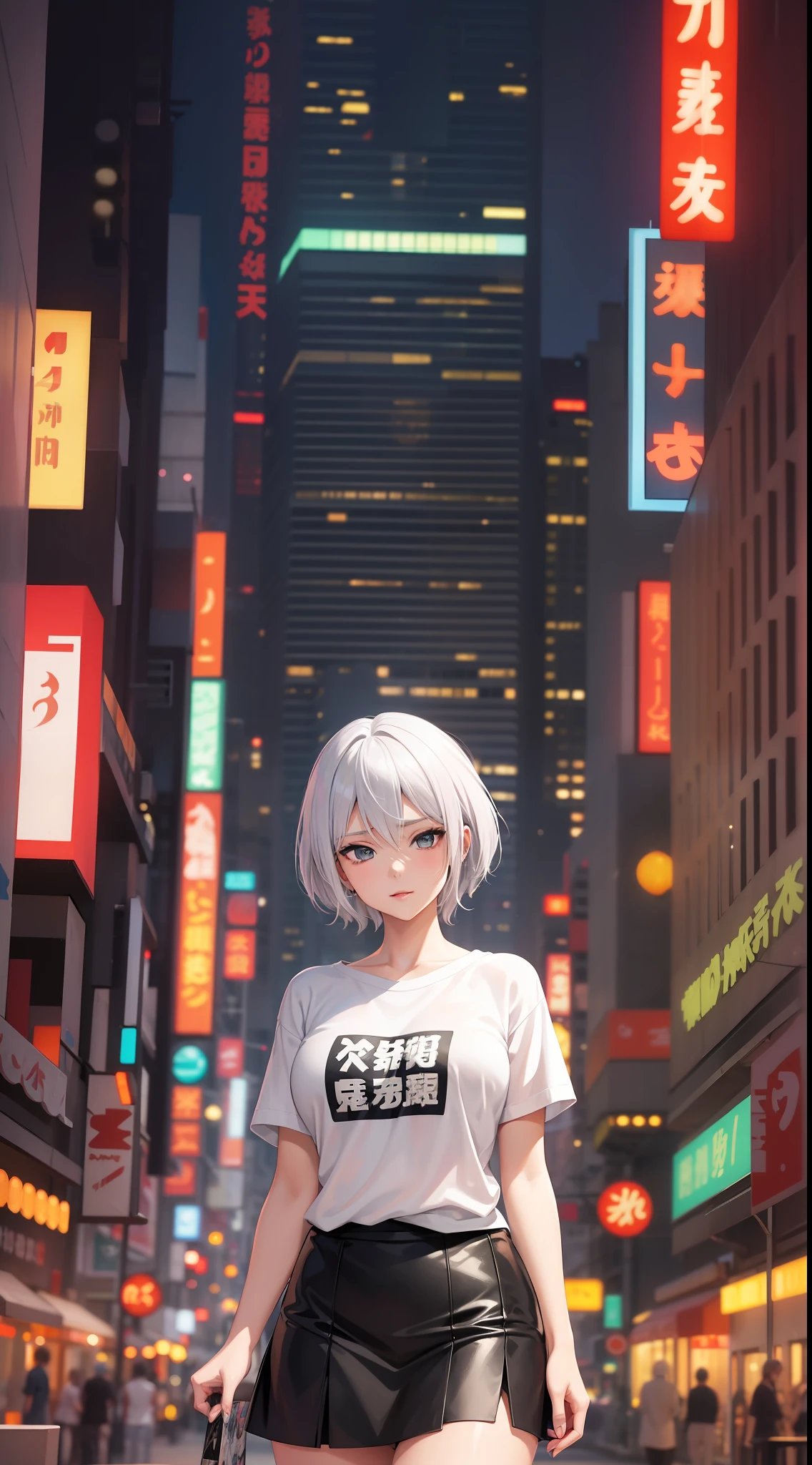 Anime girl with white hair and blue eyes in the city, seductive anime girl, T-shirt, perfect girl with white hair, girl with white hair, detailed digital anime art, beautiful anime girl, anime style 4 K, anime art wallpaper 8 K, beautiful and seductive anime woman, advanced digital anime art, beautiful anime woman, 4k anime wallpaper, anime art wallpaper 4k, gray hair, orange light sign, big LED light, orange, beijing, short hair, sexy, hot, short skirt, Hot body