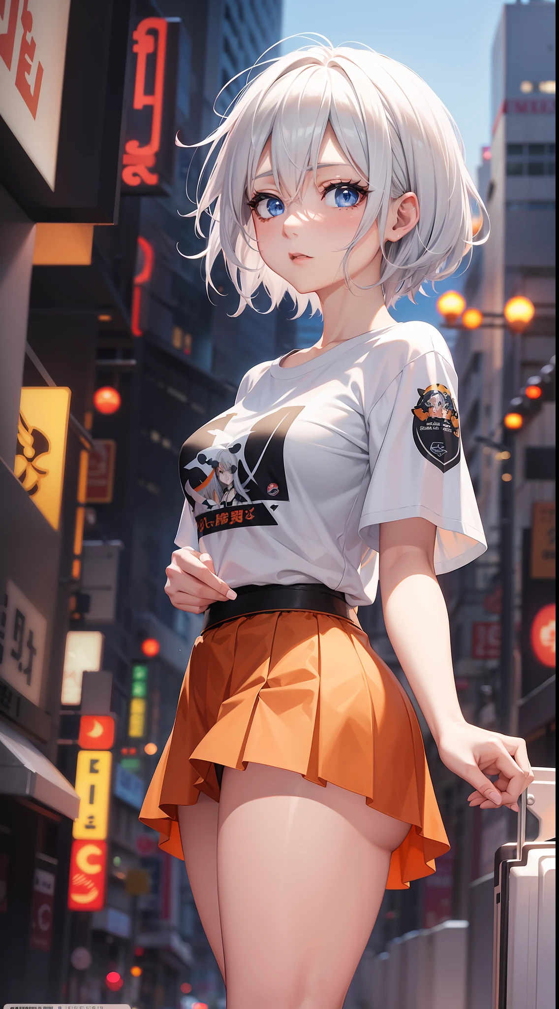 Anime girl with white hair and blue eyes in the city, seductive anime girl, T-shirt, perfect girl with white hair, girl with white hair, detailed digital anime art, beautiful anime girl, anime style 4 K, anime art wallpaper 8 K, beautiful and seductive anime woman, advanced digital anime art, beautiful anime woman, 4k anime wallpaper, anime art wallpaper 4k, gray hair, orange light sign, big LED light, orange, beijing, short hair, sexy, hot, short skirt, Hot body