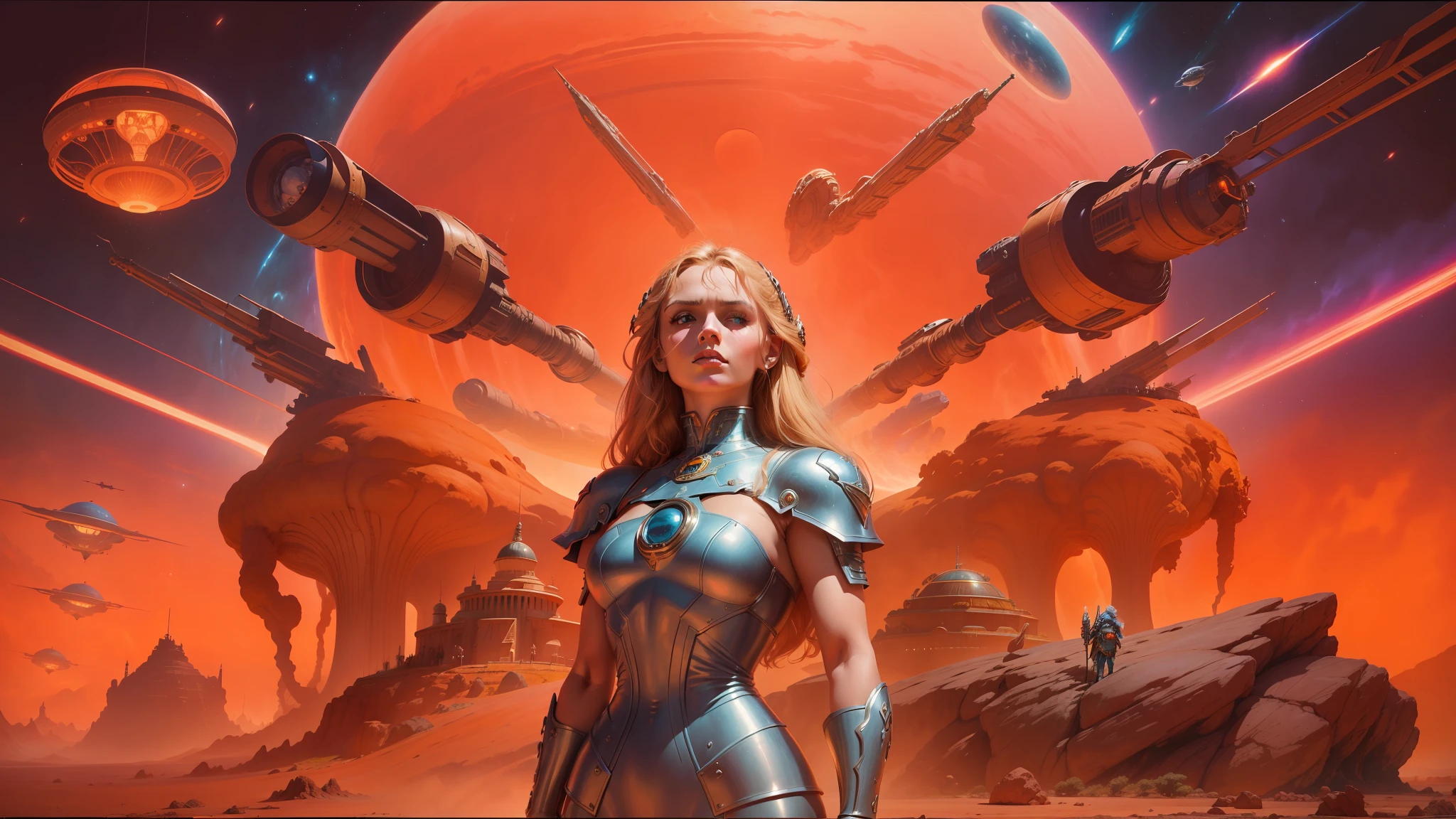 there is a woman standing in front of a painting of a giant alien, soft orange and cyan highlights, as a retrofuturistic heroine, heavy metal artwork, anamorphic widescreen, megadeth, asteroids, john stephens, blonde girl in a cosmic dress, joan of arc, inspired by the Brothers Hildebrandt, ringworld, 1970s vintage art