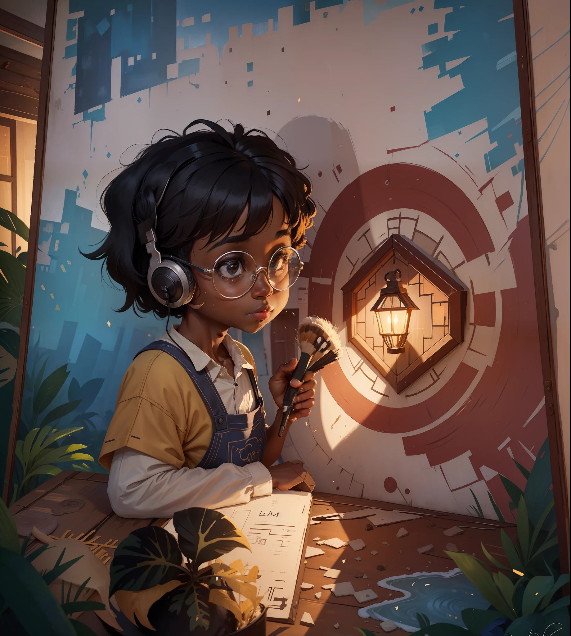 a black boy, black skin, black skin, round glasses, apron, painter, holding a brush, beanie, headphones, painting, happy, happy, perfect quality, clear focus (clutter - house: 0.8), (masterpiece: 1.2) (realistic: 1.2) (bokeh) (best quality) (detailed skin: 1.3) (intricate details) (8K) (detail eyes) (sharp focus), (happy), Georges braque's L'Estaque houses, beautiful uhd art 4 k,  BRAQUE, Georges. Casas de L'Estaque, 1908!!!!!!!!!!!!!!!!!!!, style georges braque Art, style georges braque, inspired by Georges braque, rich in colors, Casas de L'Estaque