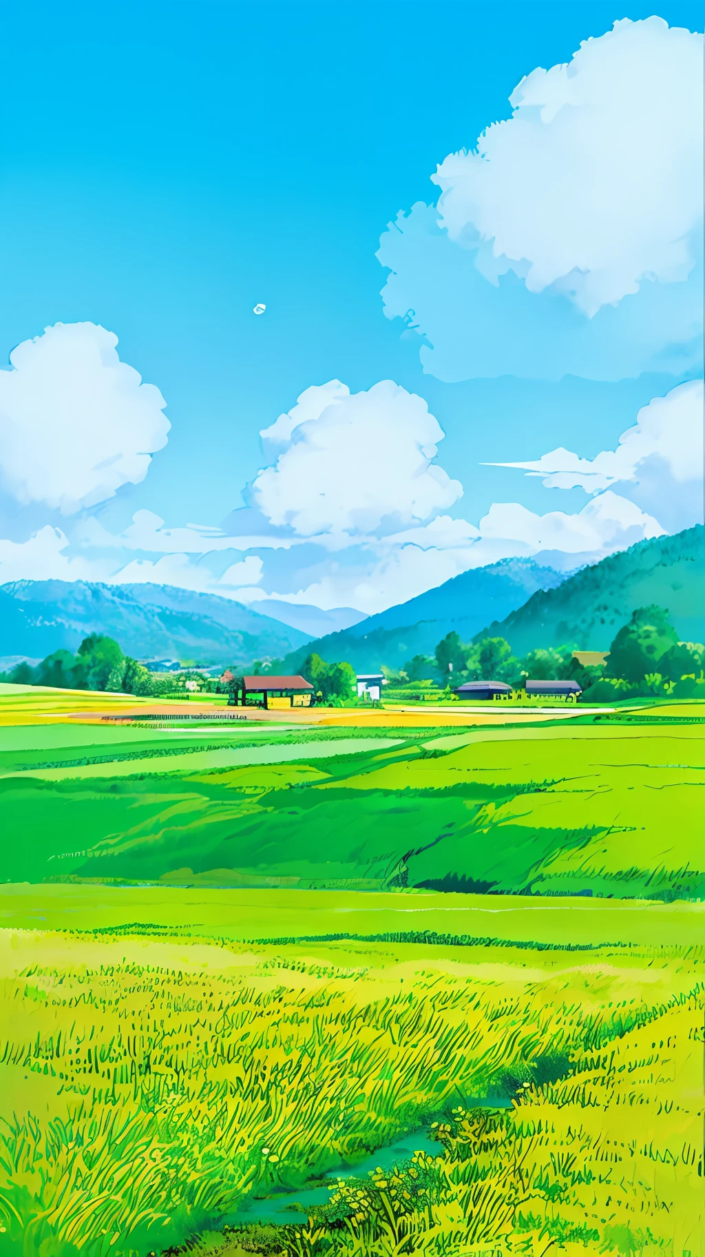 (((Best Quality))), high saturation, clear, reasonable structure, cartoon style, architecture, bridge, construction, castle, chimney, cloud, cloudy_sky, day, fantasy, door, grass, house, mountain, no_humans, outdoor, river, landscape, sky, sunset, tree, window, real, beautiful and amazing landscape oil painting Ghibli Studio Miyazaki's wheat field with blue sky and white clouds, wheat field, wheat --v6