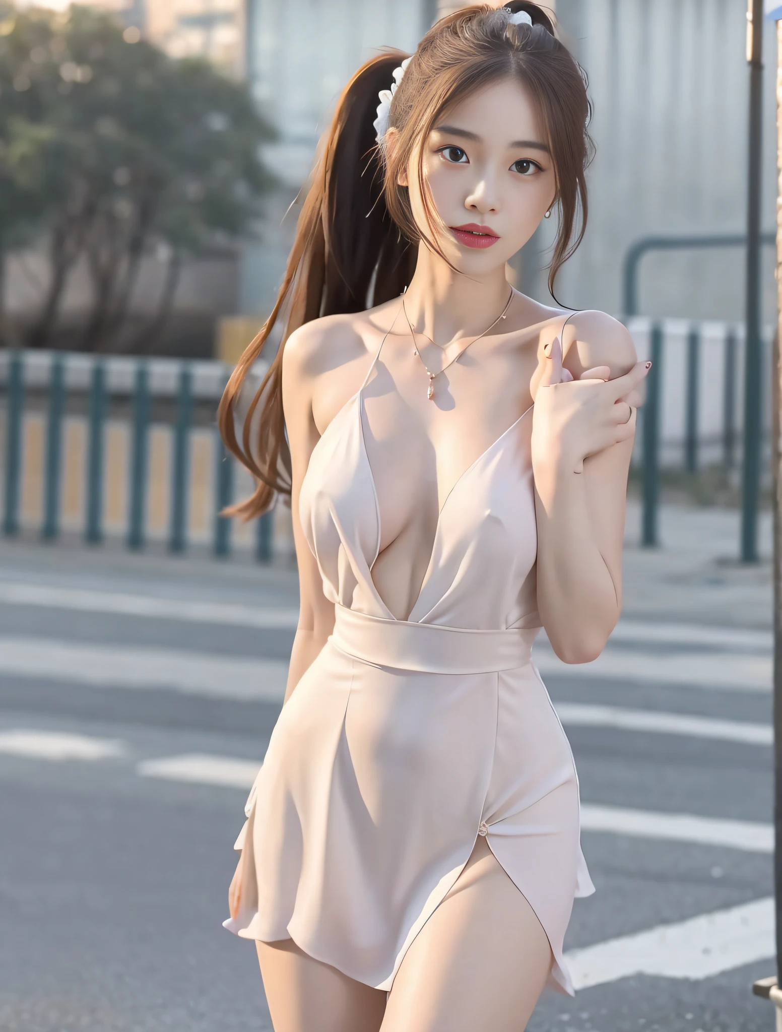 (standing on a dark street), (highway light), (discreet lighting), (night), random posture, (an extremely delicate and beautiful work), (masterpiece), 1 girl, a girl, a girl in a white dress, very detailed, leaky waist, twisted ponytail, charming expression, beautiful and clear eyes, beautiful and clear eyes, beautiful and clear eyes, delicate necklace, delicate earrings, fairy ears, simple blurred background, description of extreme details, beautiful, charming, ultra-fine painting, beautiful face, delicate figure, delicate figure, delicate figure, delicate figure, delicate figure, delicate figure, delicate figure, delicate figure, fine clavicles, fine clavices, fine clavices, fine clavices, Lips beautiful breasts, smooth buttocks, mix4, (8k, RAW photo, best quality, masterpiece: 1.2), (realistic, photorealistic: 1.37), 1 girl, cute, urban landscape, night, rain, humidity, professional lighting, photon mapping, radiosity, physics-based rendering,