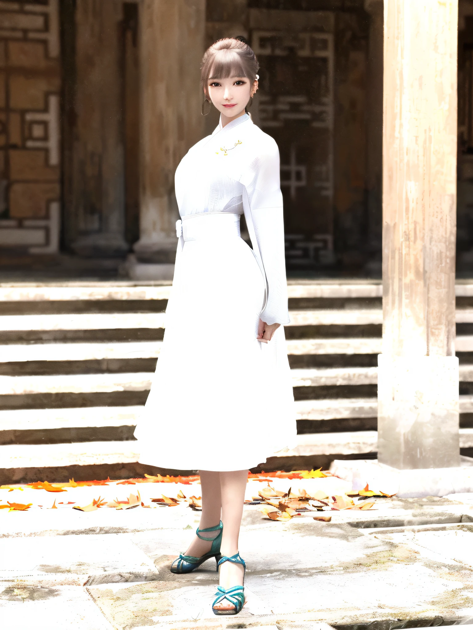 there is a woman in a white dress standing on a stone steps, elegant cinematic pose, palace , a girl in hanfu, clothed in ancient street wear, inspired by Dai Xi, elegant smiling pose, royal elegant pose, with acient chinese clothes, ancient white dress, standing elegant pose, elegant pose, inspired by Sim Sa-jeong, elegant floating pose