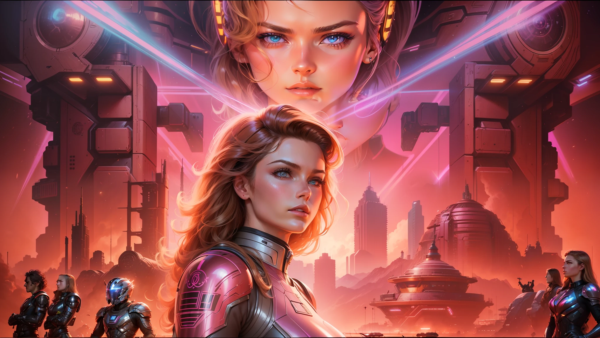 a close up of a woman in a futuristic suit standing in front of a poster, synthwave art, by Jan Tengnagel, heavy brown metallic armor, david hardy, by Drew Struzan, pastel synthwave, female protagonist, portrait of nicole aniston, kurt russell, glass helmets