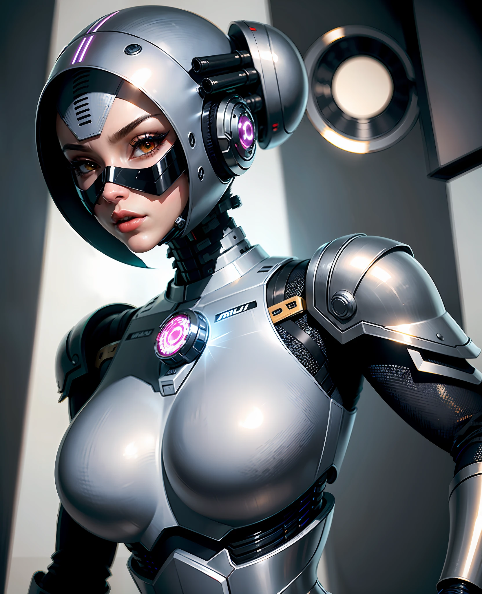 Best Quality, High Detail, 4K, Robot Girl, Big Breasts, Sexbot, Ceramic Mask(Face Shape, Full Face Mask, Covers the Whole Face, Bionic Texture, Mask Part of the Face), Metal Nose, Synthetic Hair(With Metallic Luster), Bionic Jaw, Cyborg Girl, Big Cybernetic Eyes(Black Sclera Eyes), Hard Circle Eyes, Lipstick Lipstick, Bionic Armor, Futuristic Helmet, Masterpiece,