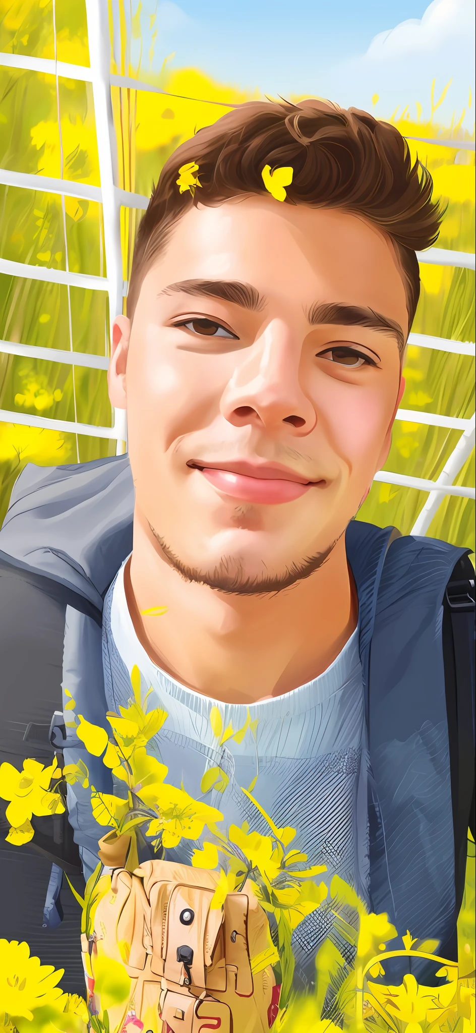 Tip: A very charming 23-year-old boy with a backpack and his cute puppy enjoying a beautiful spring walk surrounded by beautiful yellow flowers and nature. The illustration is a high-definition illustration in 4K resolution, featuring highly detailed facial features and cartoon-style visuals.