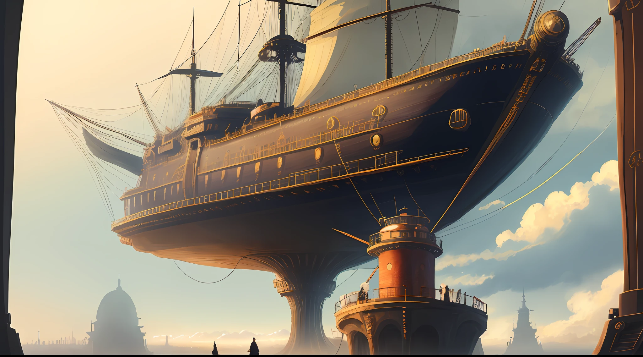 A highly detailed anime illustration,
there is a captain of a steampunk zeppelin standing on the bridge of the airship, watching the landscape bellow,
vintage, dreamy, drawing, trending on artstation, UHD, (((by Nelleke Pieters))):1.8, atmosphere, luminosity, focus, close up shot
