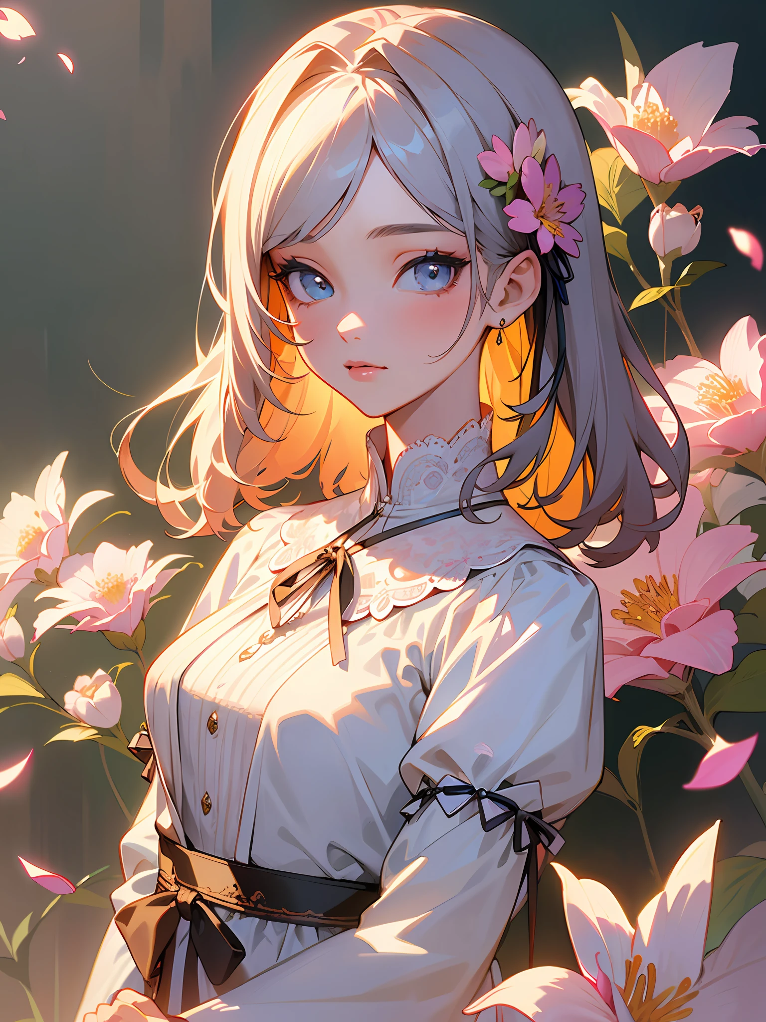 Top quality, masterpiece, high resolution, super detailed, (very fine and beautiful: 1.1), (Perfect detail: 1.1), 1 girl, solo, highly detailed eyes, (official art, beautiful and aesthetic: 1.2), (fractal art: 1.3), colorful, pastel colors, (lots of flower effects: 1.4), lots of petals, beautiful light, fine beauty, (fine eyes and detailed face : 1.3), (beautiful and crisp background: 1.2), highly detailed CG, lace, ribbon, dress, flowers and petals, beautiful concept illustration, cowboy shot
