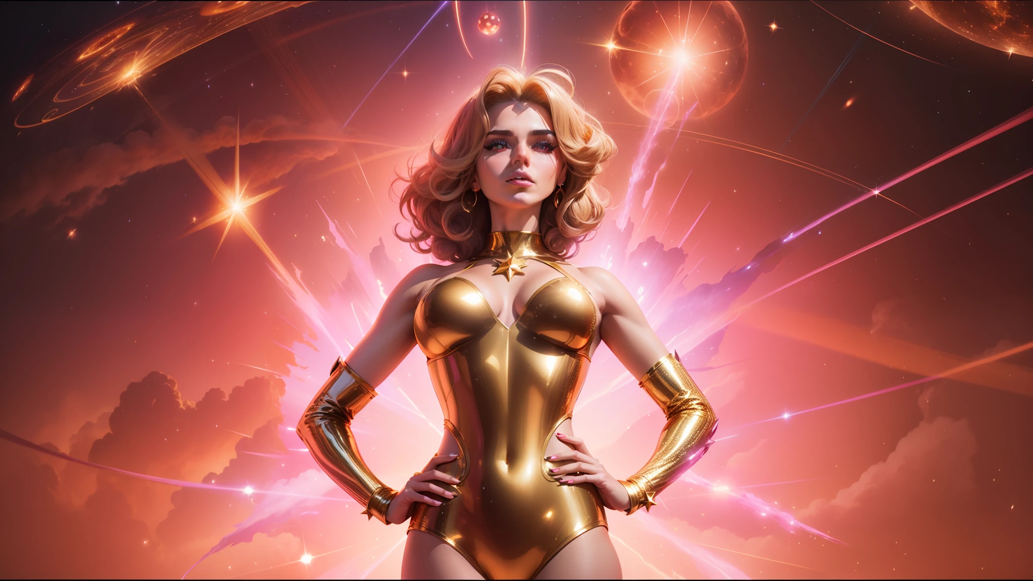 arafed woman in a gold bodysuit standing in front of a star filled sky, 3 d movie still, alluring mesmer woman, 3 dmax, barbarella, portrait of katy perry, from netflix's arcane, bbc promotional artwork, radiant flares, portrait of sofia vergara, led lighting effects, inspired by Jodorowsky