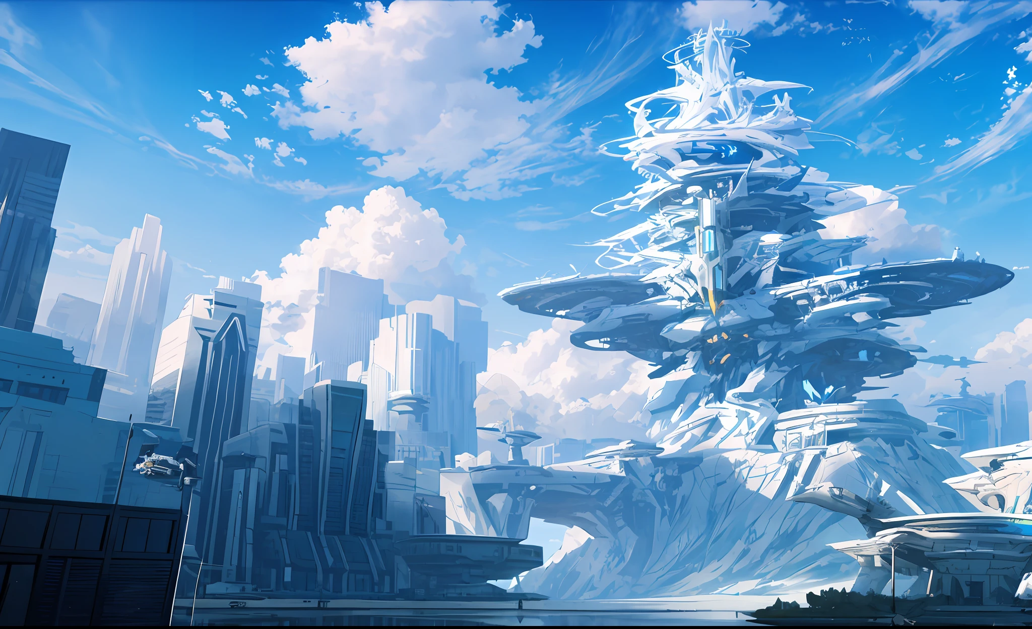 ConceptArt, unmanned, landscape, sky, daytime, tree, cloud, outdoor, architecture, nature, blue sky, sky,