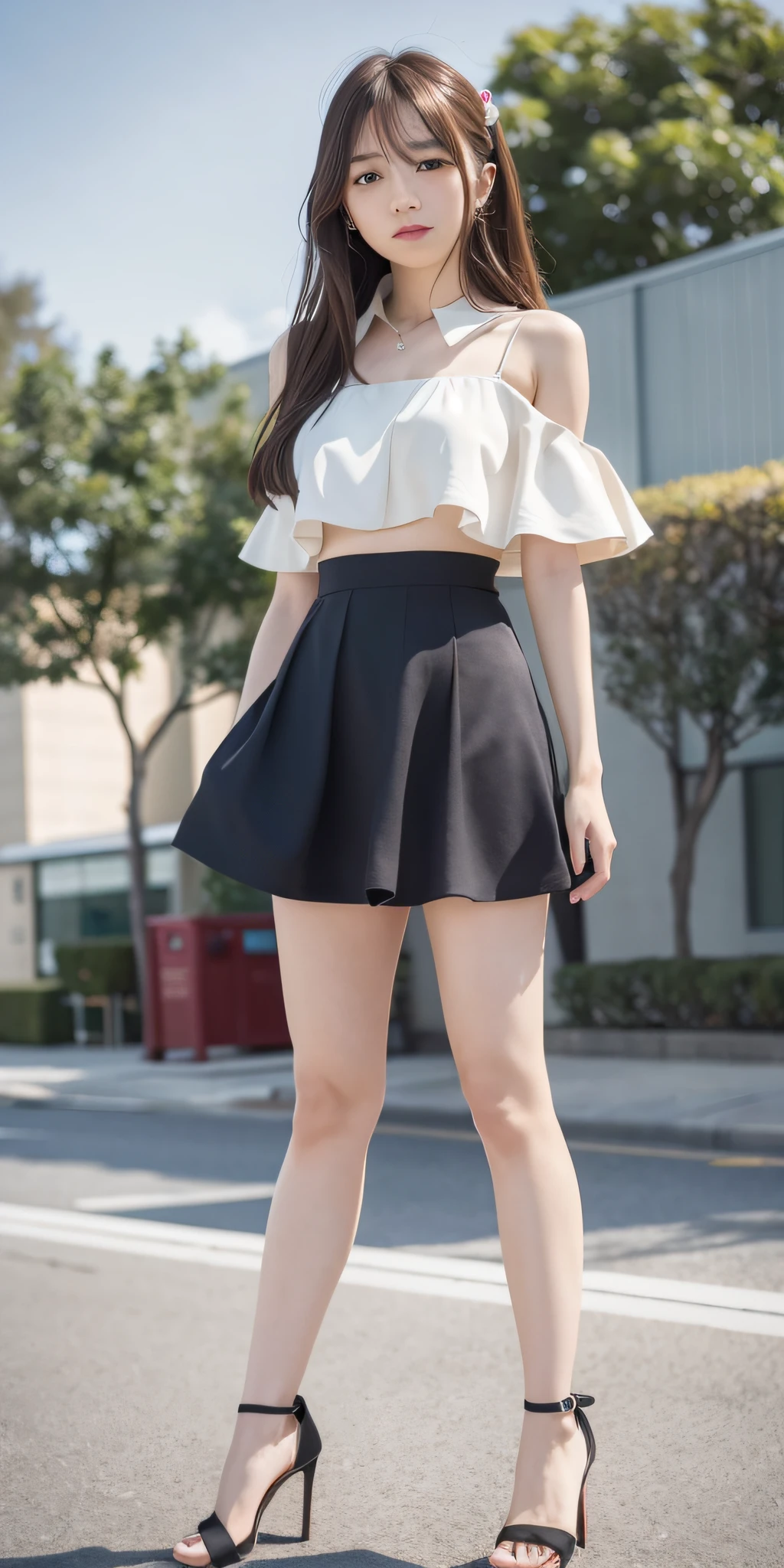 mix4, 20d, Solo, long_hair, Nanase Nishino, Haruka Kaki, Flared Skirt, high_heels,full_body, look_at_viewer, (8K, RAW photography, best quality, masterpiece:1.2), (Realistic, Photorealistic: 1.37), Professional Lighting, Photon Mapping, Radiosity, Physically Based Rendering