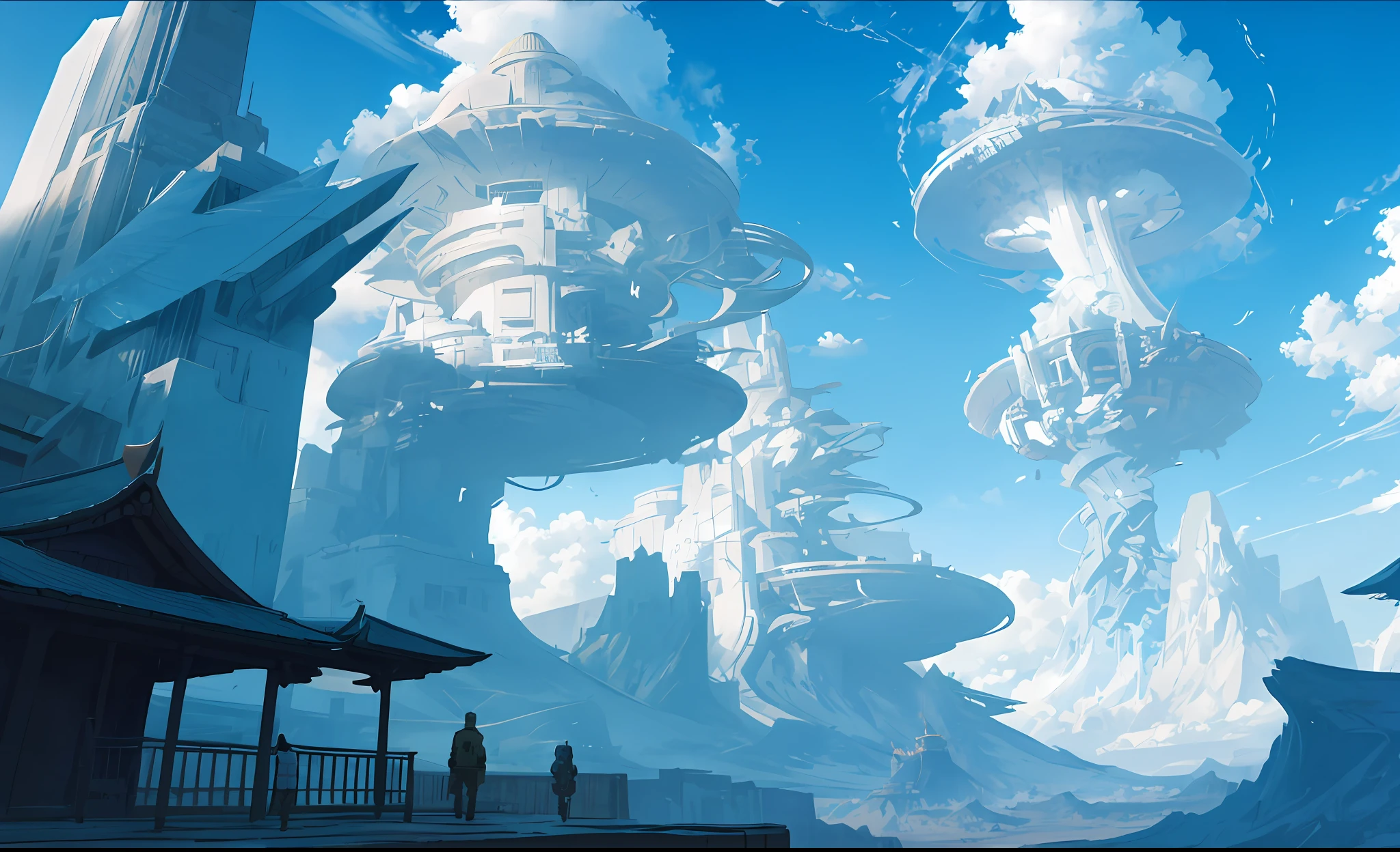 ConceptArt, unmanned, landscape, sky, daytime, tree, cloud, outdoor, architecture, nature, blue sky, sky, sky traveling, flying,