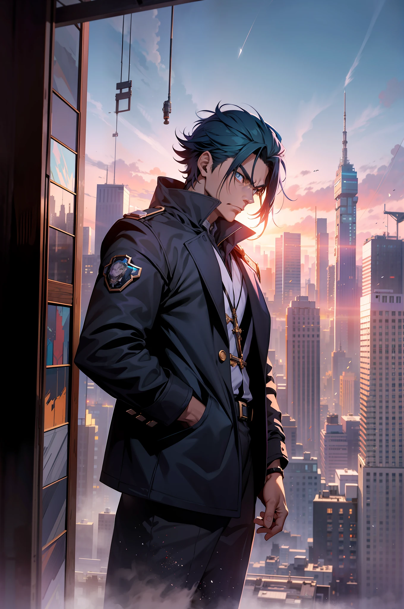 Arcane Style Anime Badass Male Character captured in the timeless art form of Photography. Taking inspiration from the aesthetic finesse of renowned photographer Ansel Adams, the scene sets on a bustling cityscape at dusk. The central character, a seemingly nondescript man, stands atop a skyscraper with a 50mm lens capturing his fierce and intent expression as he overlooks the sprawling urban expanse below. The image is draped in a cool color temperature, with hues of blues and purples. The low-key lighting accentuates his resolute gaze and the palpable tension in the atmosphere