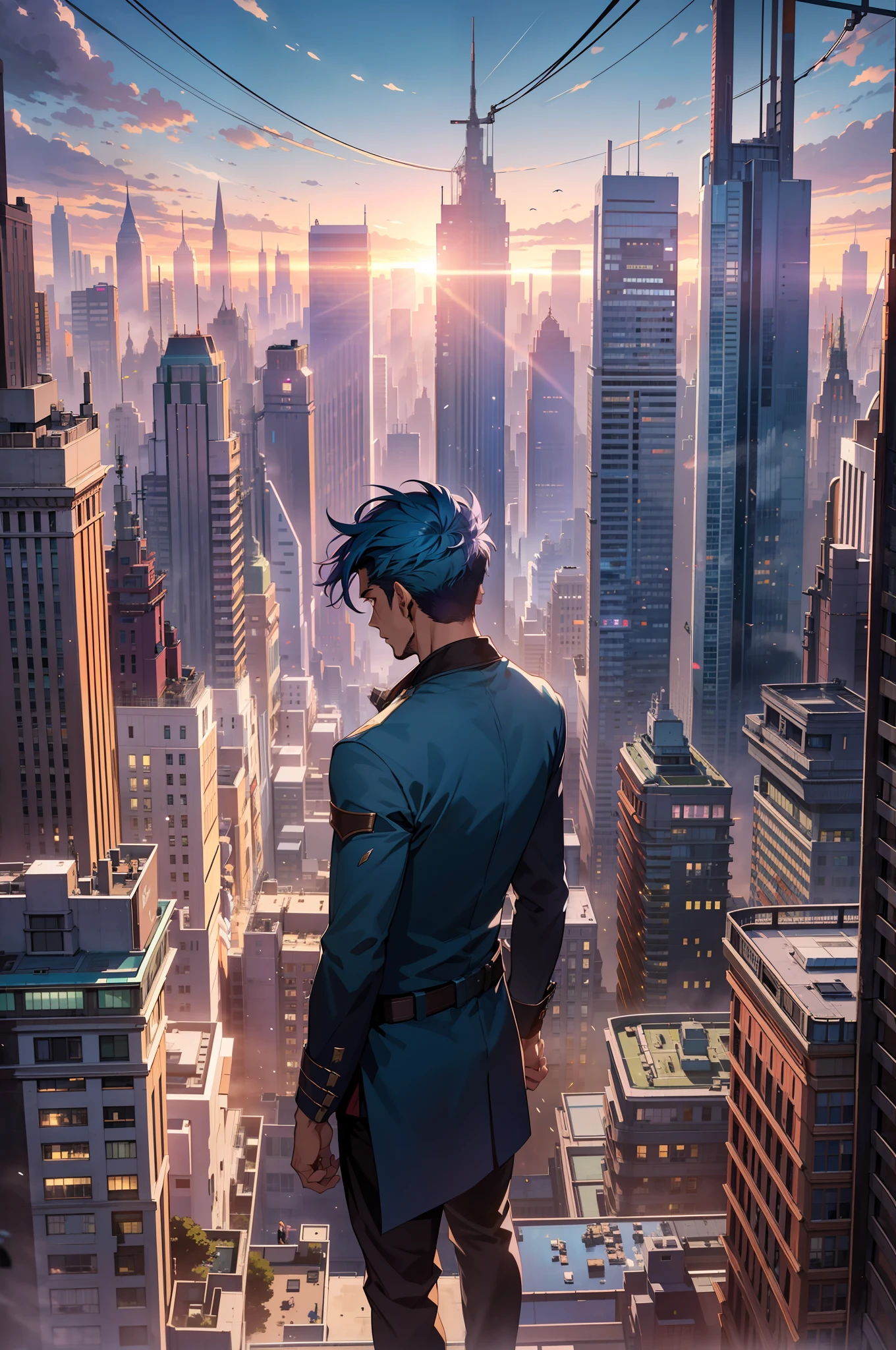 Arcane Style Anime Badass Male Character captured in the timeless art form of Photography. Taking inspiration from the aesthetic finesse of renowned photographer Ansel Adams, the scene sets on a bustling cityscape at dusk. The central character, a seemingly nondescript man, stands atop a skyscraper with a 50mm lens capturing his fierce and intent expression as he overlooks the sprawling urban expanse below. The image is draped in a cool color temperature, with hues of blues and purples. The low-key lighting accentuates his resolute gaze and the palpable tension in the atmosphere