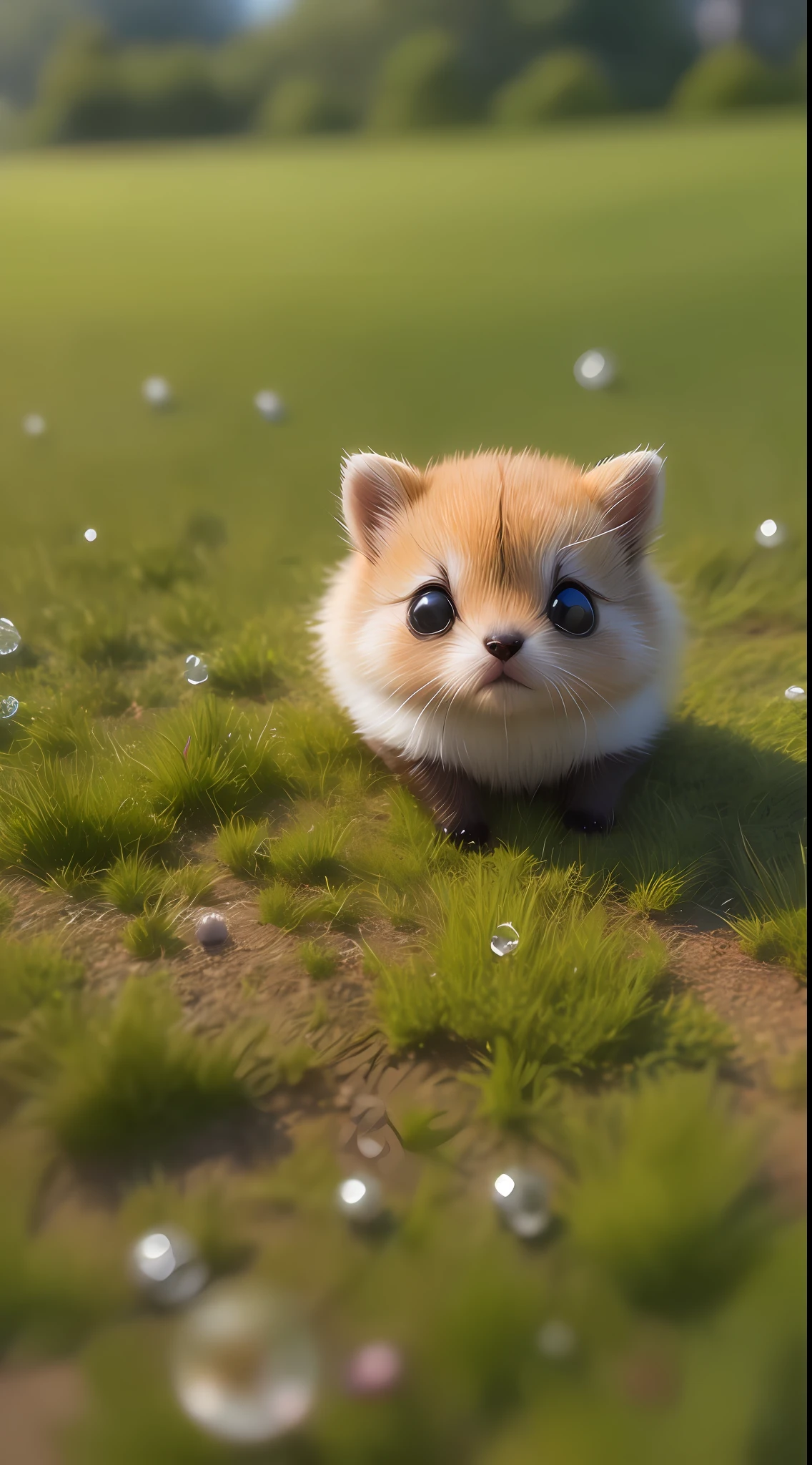 Early morning atmosphere, beautiful natural landscape, thick grass, macro photography in the grass, dew drops with reflection, very small cute creatures in macro photography scurrying in the grass about their little business, macro photography, a lot of small furry creatures, small furry things