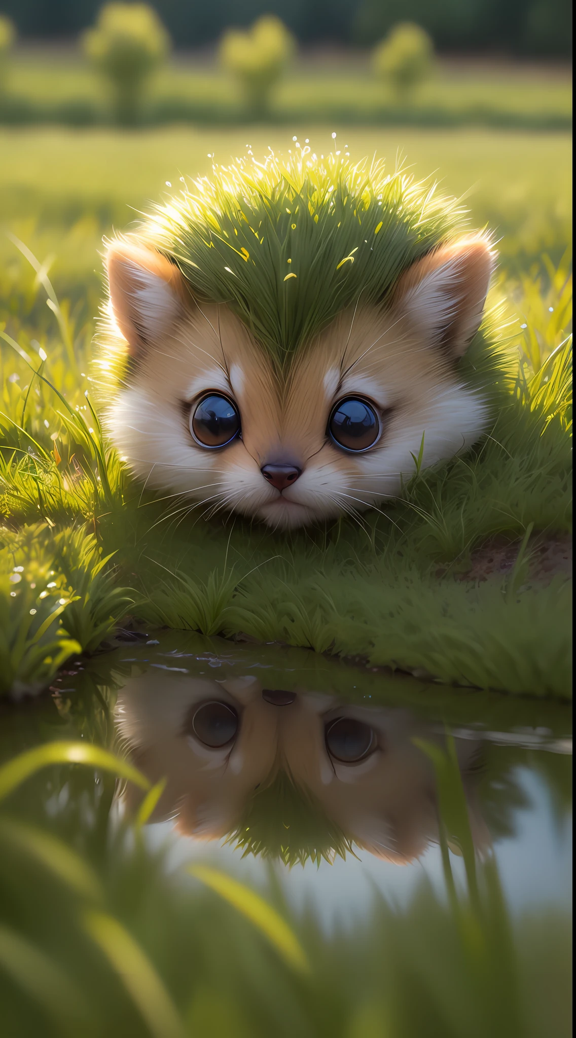 Early morning atmosphere, beautiful natural landscape, thick grass, macro photography in the grass, dew drops with reflection, very small cute creatures in macro photography scurrying in the grass about their little business, macro photography, a lot of small furry creatures, small furry things