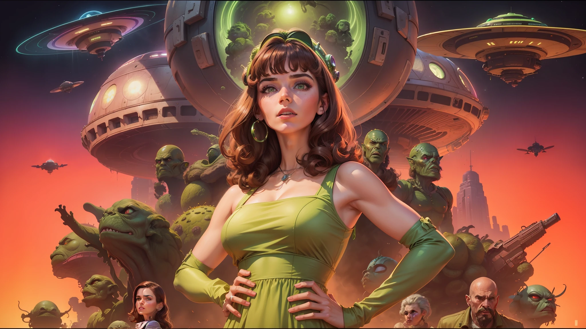 arafed image of a woman in a green dress with a bunch of aliens in the background, by Stevan Dohanos, attractive brown hair woman, retro pink synthwave style, by Tom Lovell, hostile aura, tribbles, girl with dark brown hair, featuring brains, blu - ray