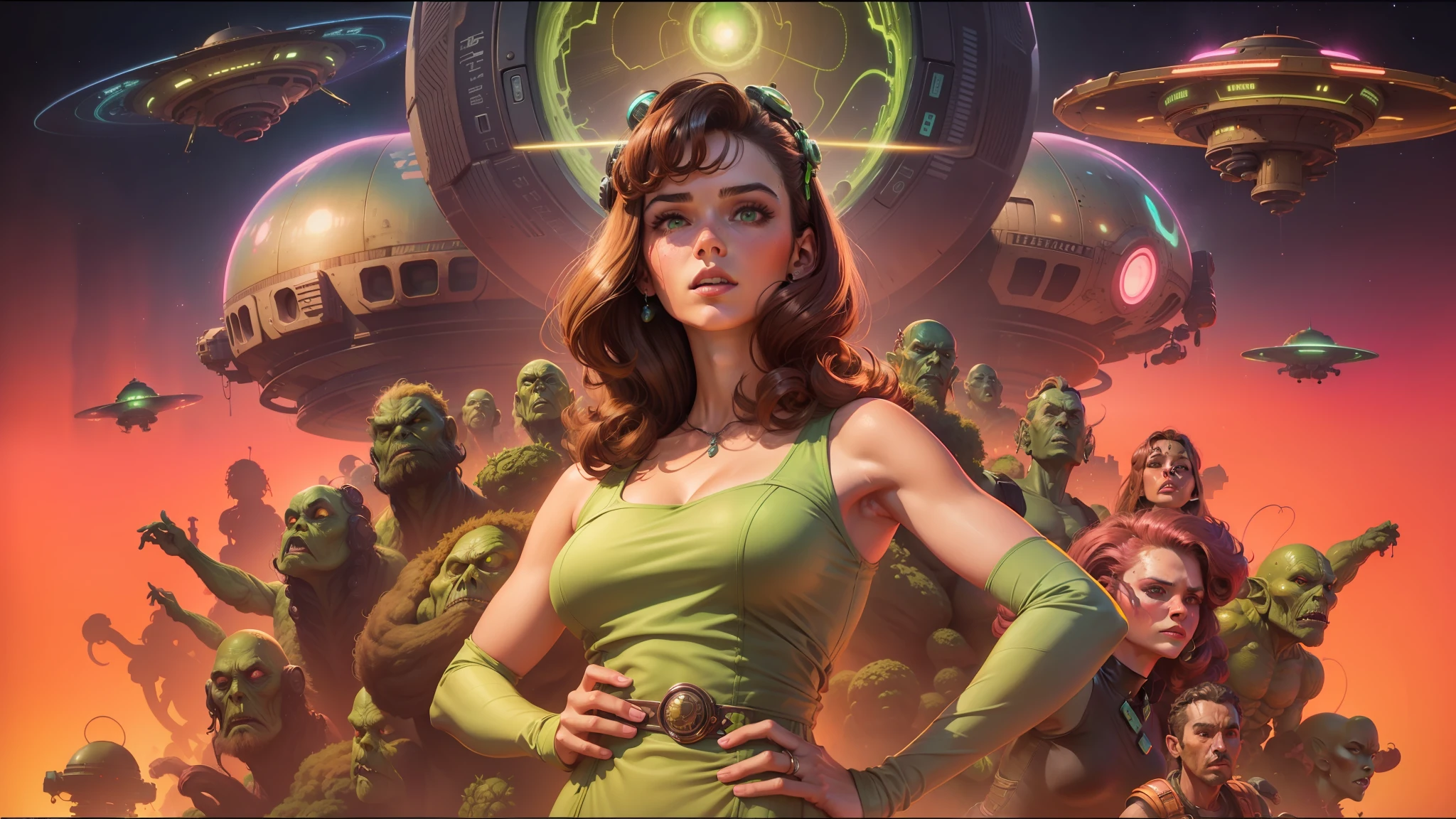 arafed image of a woman in a green dress with a bunch of aliens in the background, by Stevan Dohanos, attractive brown hair woman, retro pink synthwave style, by Tom Lovell, hostile aura, tribbles, girl with dark brown hair, featuring brains, blu - ray