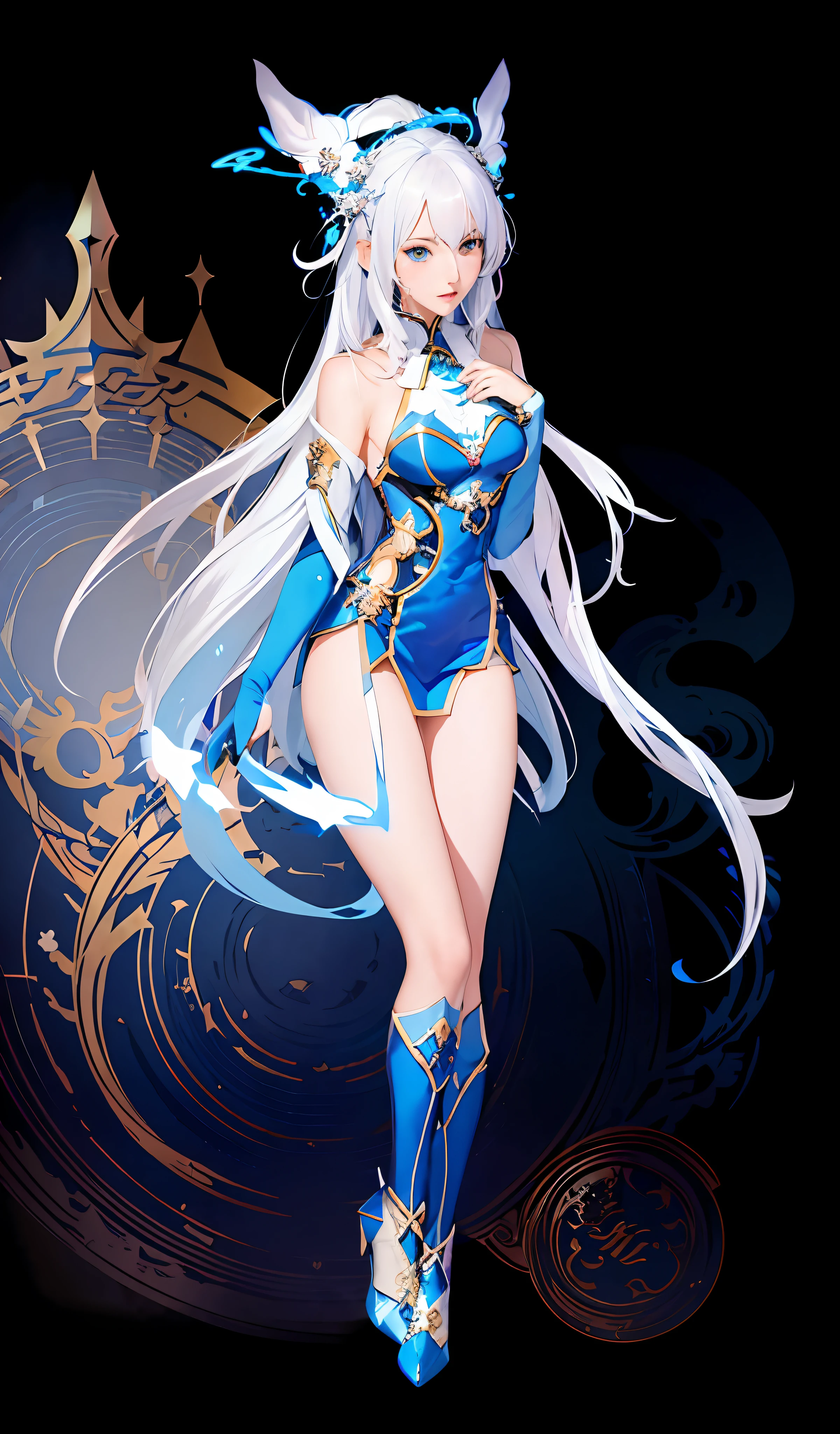 anime girl with white hair and blue outfit posing in front of a black background, cushart krenz key art feminine, knights of zodiac girl, portrait knights of zodiac girl, anime goddess, white haired deity, beautiful alluring anime woman, full body xianxia, alluring elf princess knight, extremely detailed artgerm, official character art, epic exquisite character art