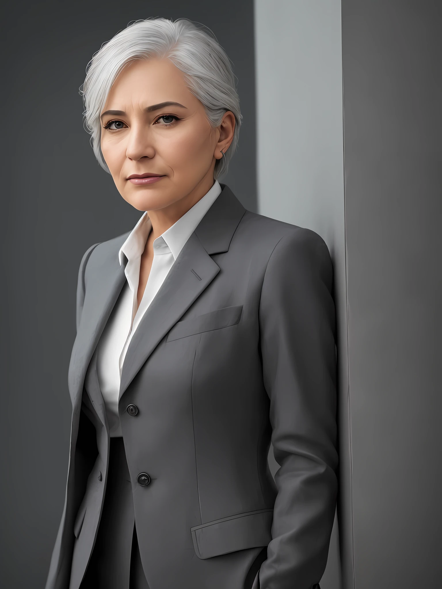 photo of a gray-haired woman in an elegant business suit, wide-frame photo, photo shoot style, exquisite, detailed, dramatic, elite, real world, (hard focus, 8 k), (((natural skin texture))), 8k textures, soft cinematic light, adome lightroom, photo lab, hdr, intricate, elegant, highly detailed, clear focus, (((cinematic look))), soothing tones, crazy detail, high detail, low contrast, soft cinematic light, dull colors, mixing exposures, HDR, fade, 35 mm, f/1.4, ISO64, f16, 25 sec.