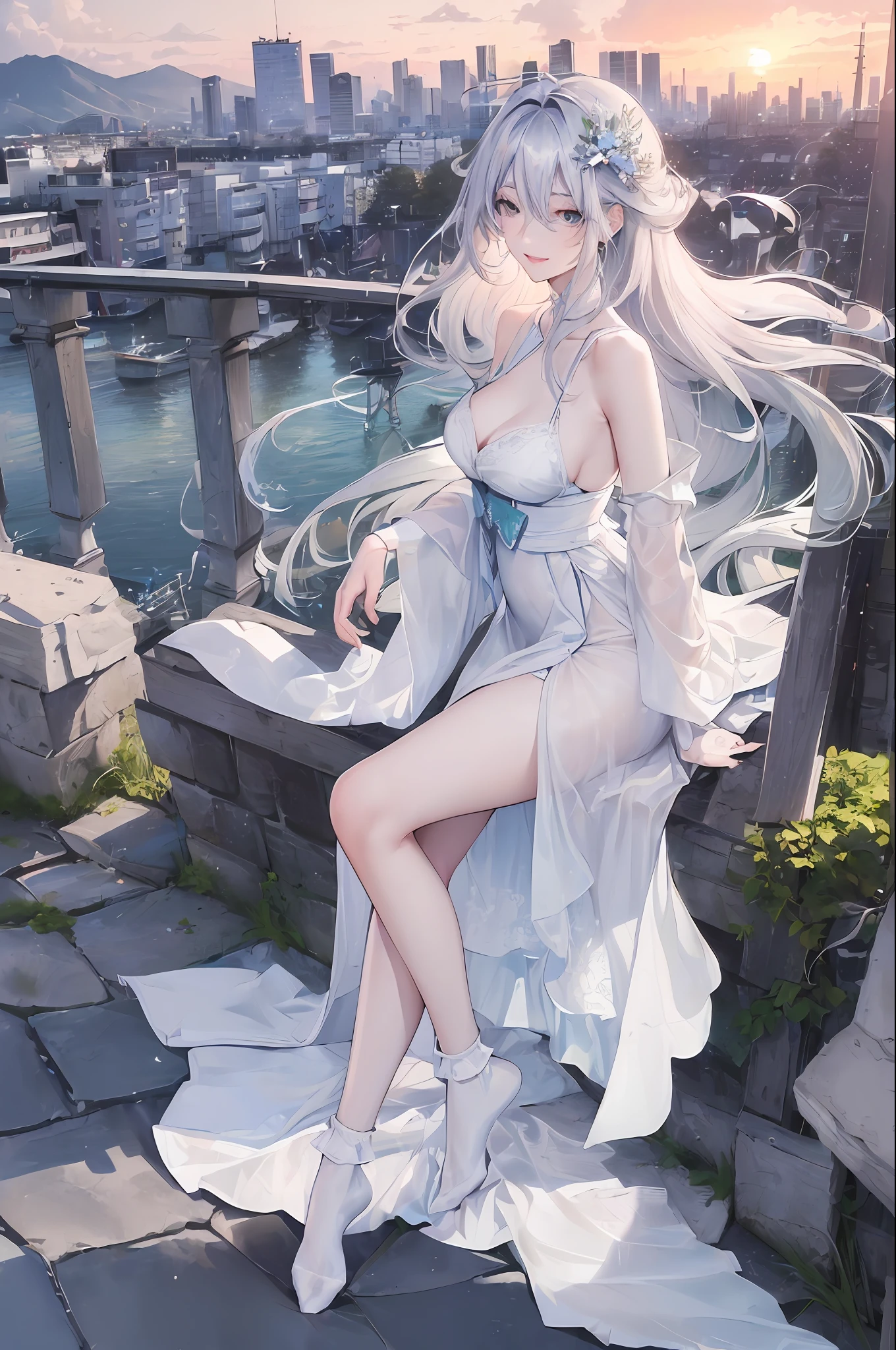 official art, masterpiece, sharp focus, (beautiful gorgeous cute Korean woman:1.3), (beautiful cute korean:1.3), korean beauty, Delicate and beautiful hair and eyes and face, realistic, ultra detailed, beautiful girl, blue sky, glow white particle, (sidelighting:1.2), sun light, white cloud, detailed clouds, slender, Lovely very large breasts and very large hips, smile with teeth, ((smile with eyes, open both eyes)), scenery, long straight hair, sexy facial expression, building, (cityscape:1.7), dynamic hair, very long straight hair, detailed platinum silver hair, glow green eyes, pink dress, white long socks, pale skin, hair ornament, epic scenery,