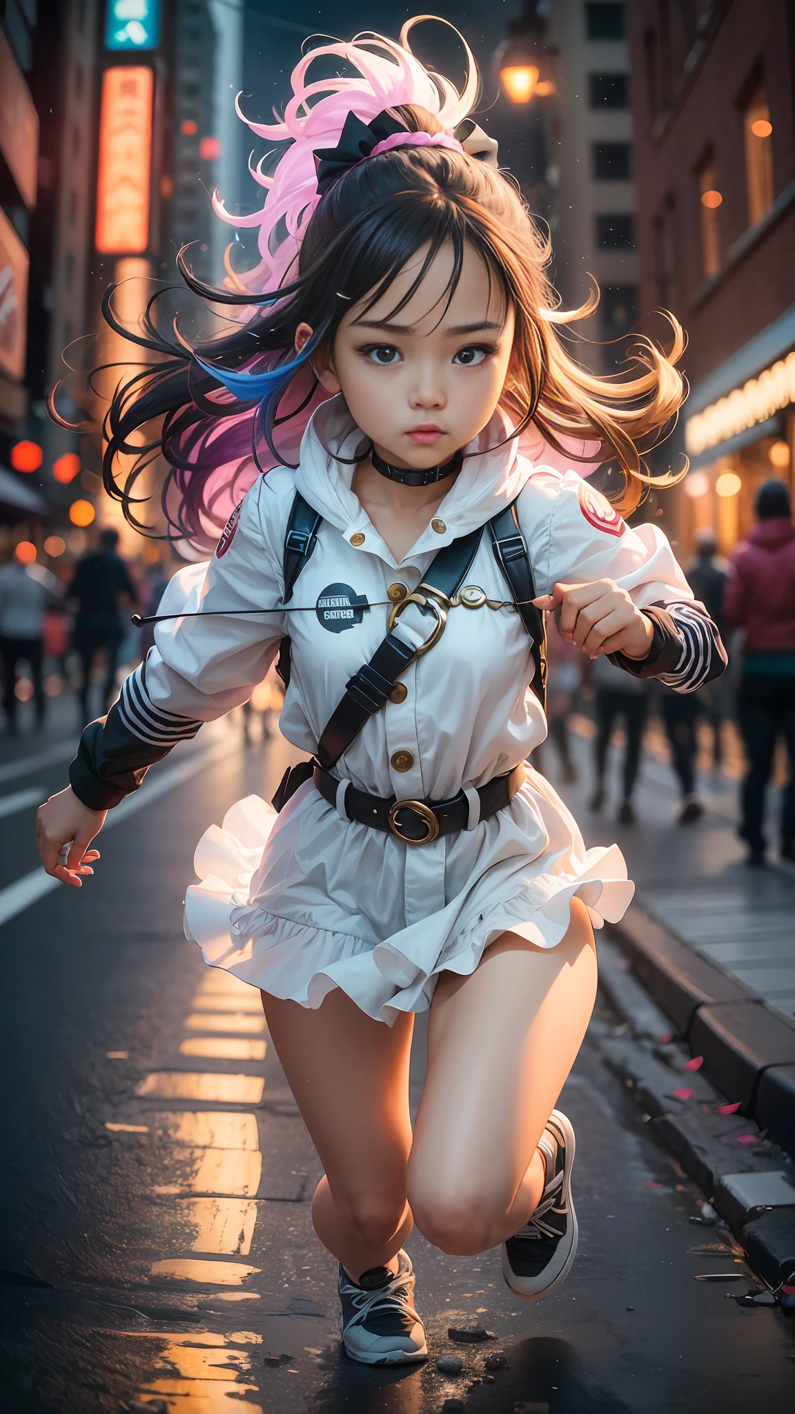 A heartwarming image of a on fire as she runs through the dark, stormy streets of a city. Her white outfit is belted with vibrant colors and her long, flowing hair, adorned with sparkles, trails behind her. The vibrant colors of the cityscape contrast beautifully with the delicate, golden light coming from the girl's face. The vibrant colors of the city contrast beautifully with the dramatic, surreal lighting creating an awe-inspiring atmosphere. standard lens, high ISO, f/4 aperture --auto --s2