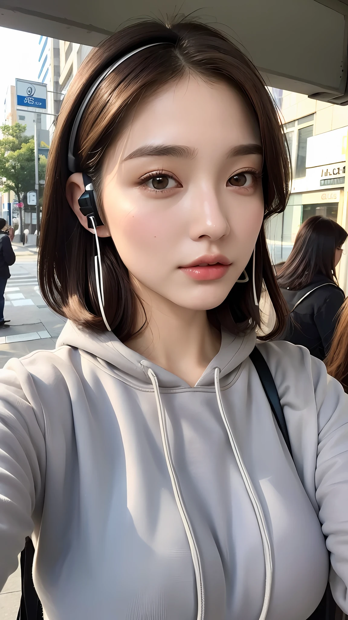 (Best quality, high resolution, masterpiece: 1.3), a beautiful woman, big breasts, slim figure, (short dark brown hair), wearing headphones, sweatshirt, on the street, details in the face and skin texture beautifully presented, detailed eyes, double eyelids, big eyes