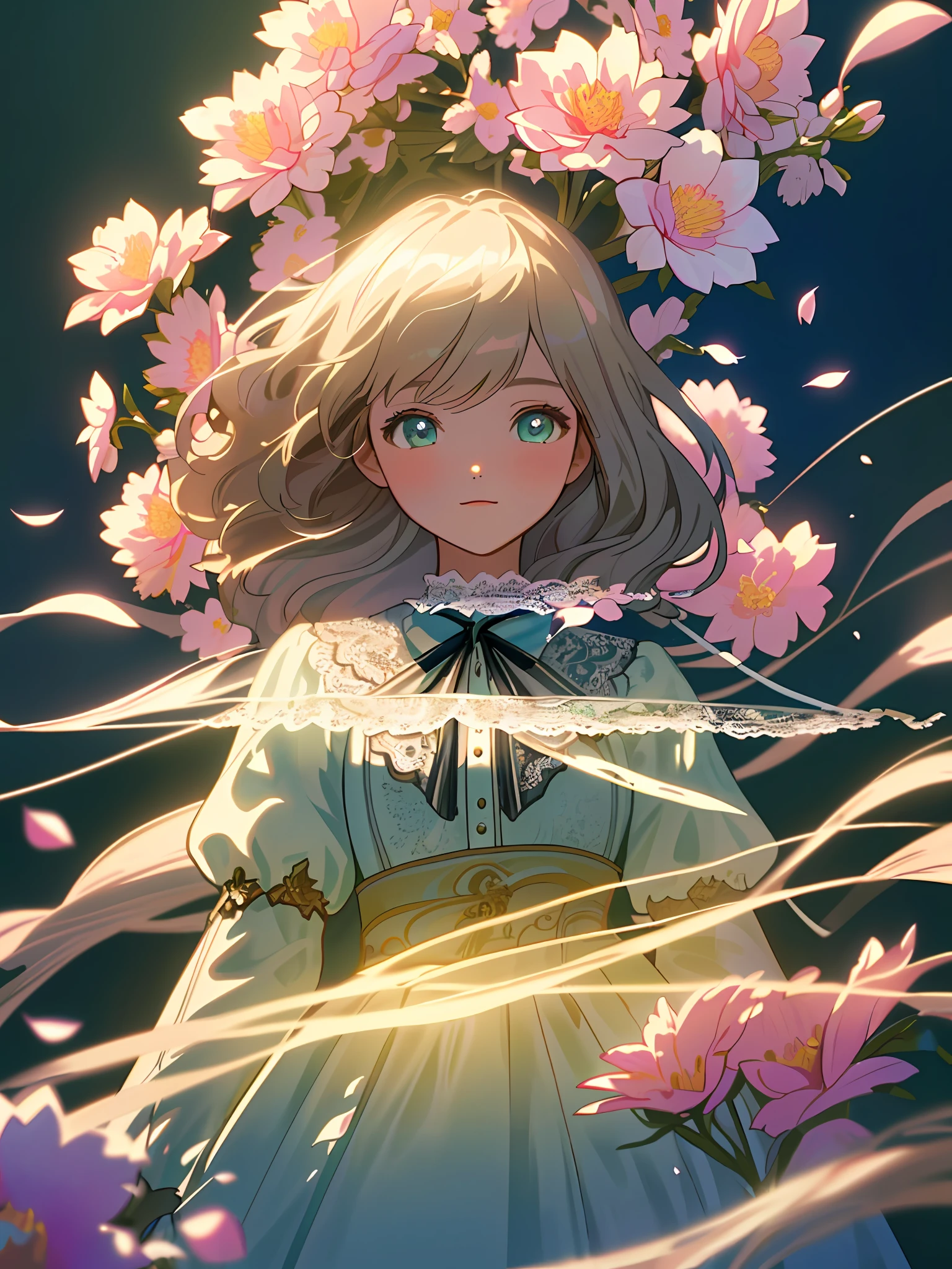 (Masterpiece: 1.2, highest quality), Ultra detailed, high resolution, beautiful and aesthetic, Fine Beauty: 1.3), ((Depth of Field)), (Detailed face with fine eyes: 1.3), (Beautiful and clear background: 1.2), (Highly detailed CG, super detail, best shadow: 1.1), (Very fine and beautiful: 1.1), (Perfect detail: 1.1), (1 female), lace, ribbon, dress, ( Fractal Art: 1.4), official art, colorful, pastel colors, glowing eyes, highly detailed eyes, solo, delicate and beautiful, (lots of flower effects 1.4), lots of petals fluttering, beautiful light, flowers and petals, beautiful concept illustration, cowboy shot