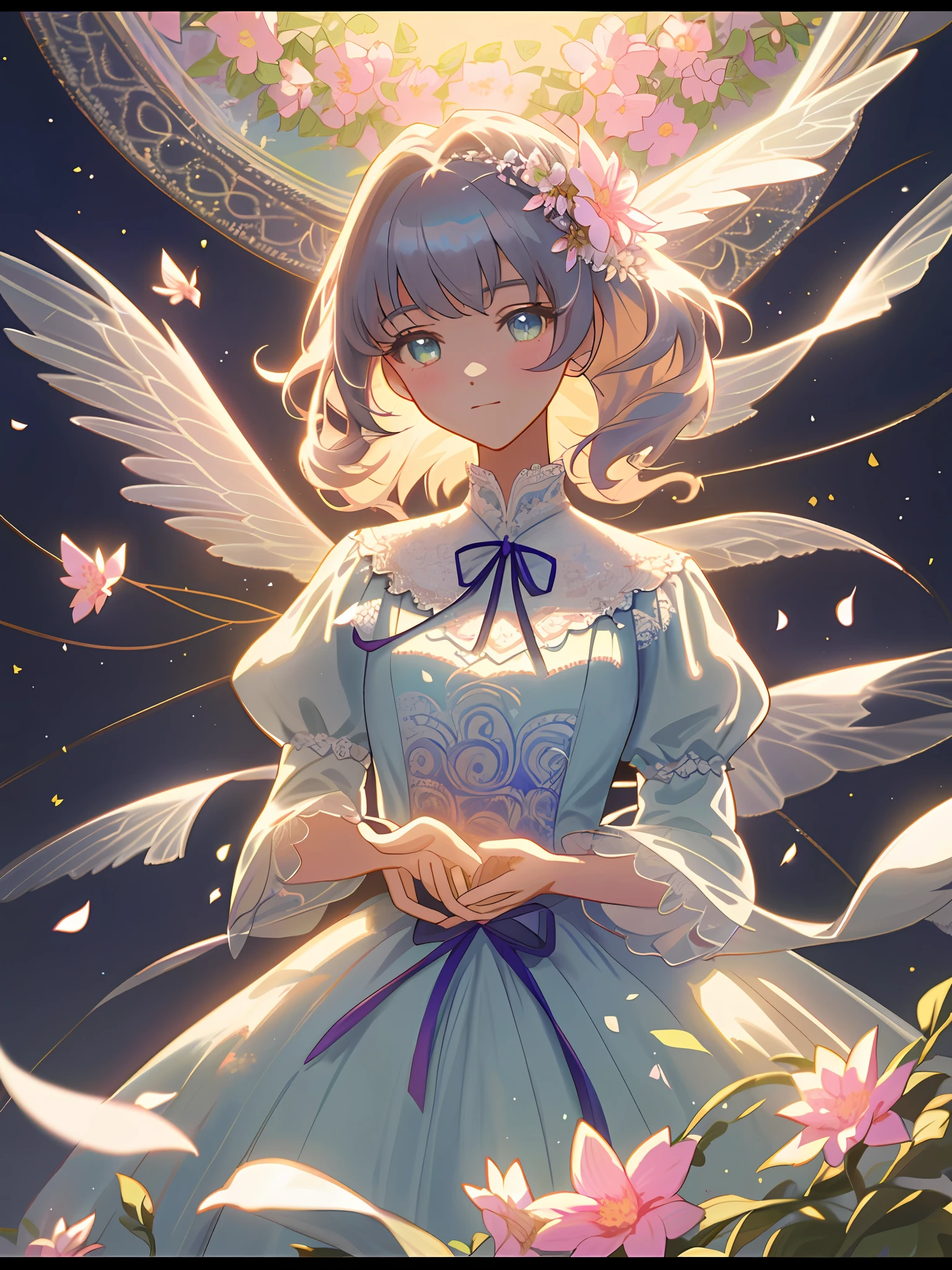 (1 female), lace, ribbon, princess dress, (masterpiece, top quality, ultra detailed, high resolution, beautiful and aesthetic, fine beauty: 1.3), (fractal art: 1.4), official art, colorful, pastel colors, sparkling eyes, highly detailed eyes, solo, delicate and beautiful, (lots of flower effects 1.4), lots of petals fluttering, beautiful light,