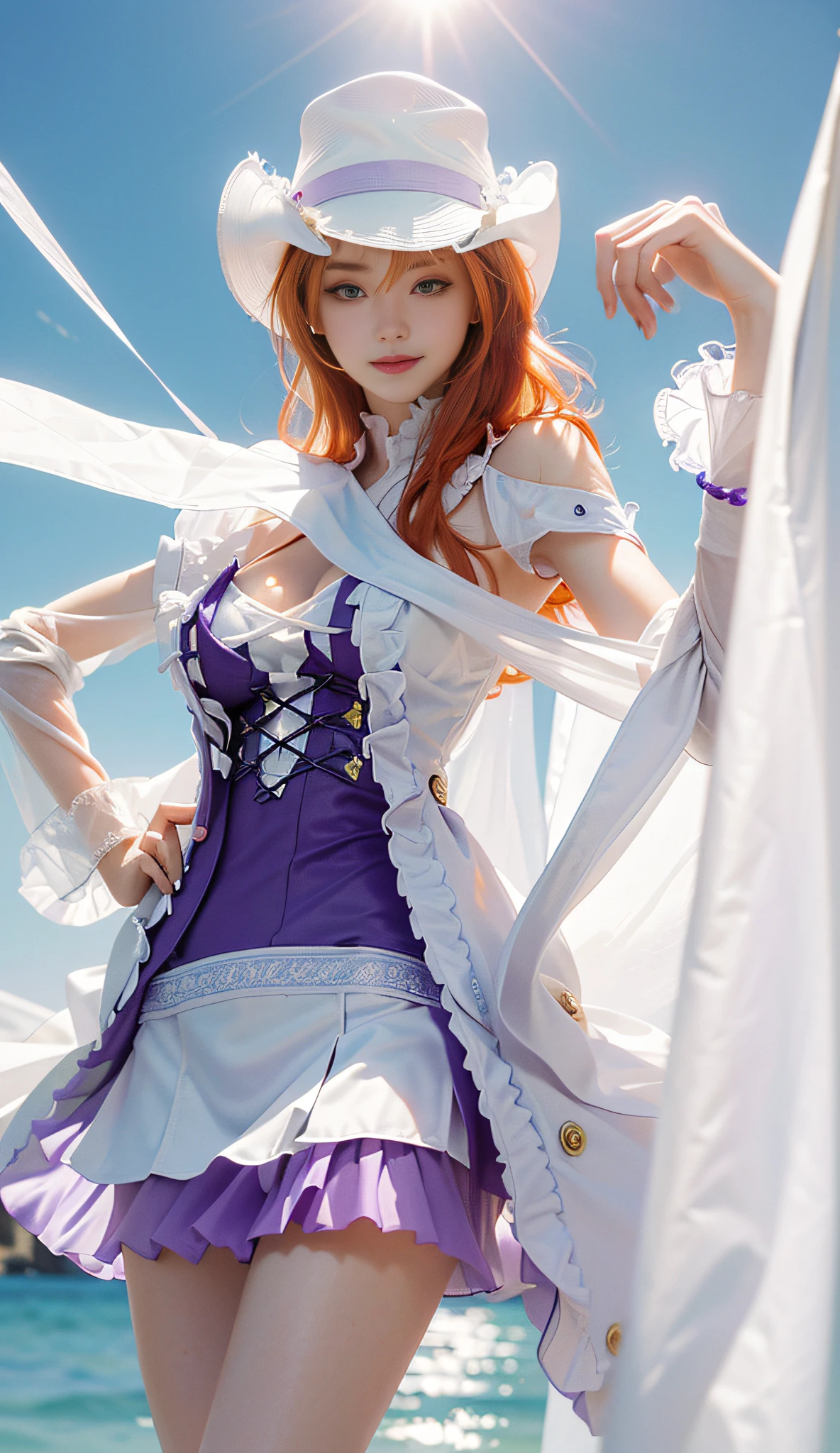 ((Best Quality, 8k, Masterpiece :1.3)), Full Body, Long Legs, Sharp Focus :1.2, A Beautiful Woman with Perfect Body :1.4, Slim Abs :1.1, ((Orange Hair, Huge Breasts :1.2)), (White Coat, Purple Bandeau, Purple Short Skirt, White Hat, Jumpsuit), Highly Detailed Face and Skin Texture, Brown Eyes, Beautiful Delicate Eyes, Double Eyelids, Smile, Standing by the Sea, Clear Sky, Professional Lighting, Photon Mapping, Light Energy Transfer , physically based rendering, (Pale Skin: 1.2), Look at the viewer, brighten the skin, shoot in front of the light, the sun in front