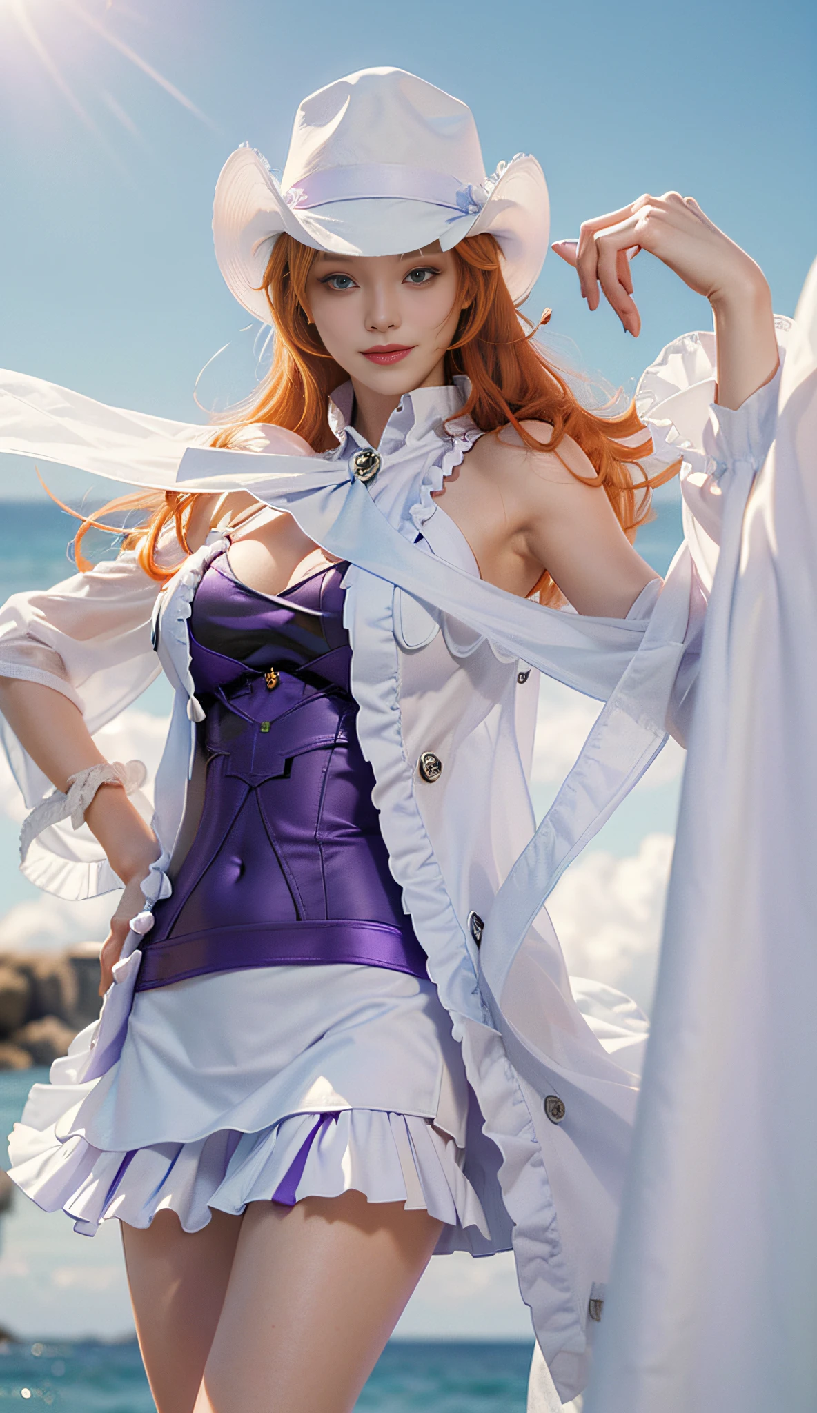 ((Best Quality, 8k, Masterpiece :1.3)), Full Body, Long Legs, Sharp Focus :1.2, A Beautiful Woman with Perfect Body :1.4, Slim Abs :1.1, ((Orange Hair, Huge Breasts :1.2)), (White Coat, Purple Bandeau, Purple Short Skirt, White Hat, Jumpsuit), Highly Detailed Face and Skin Texture, Brown Eyes, Beautiful Delicate Eyes, Double Eyelids, Smile, Standing by the Sea, Clear Sky, Professional Lighting, Photon Mapping, Light Energy Transfer , physically based rendering, (Pale Skin: 1.2), Look at the viewer, brighten the skin, shoot in front of the light, the sun in front
