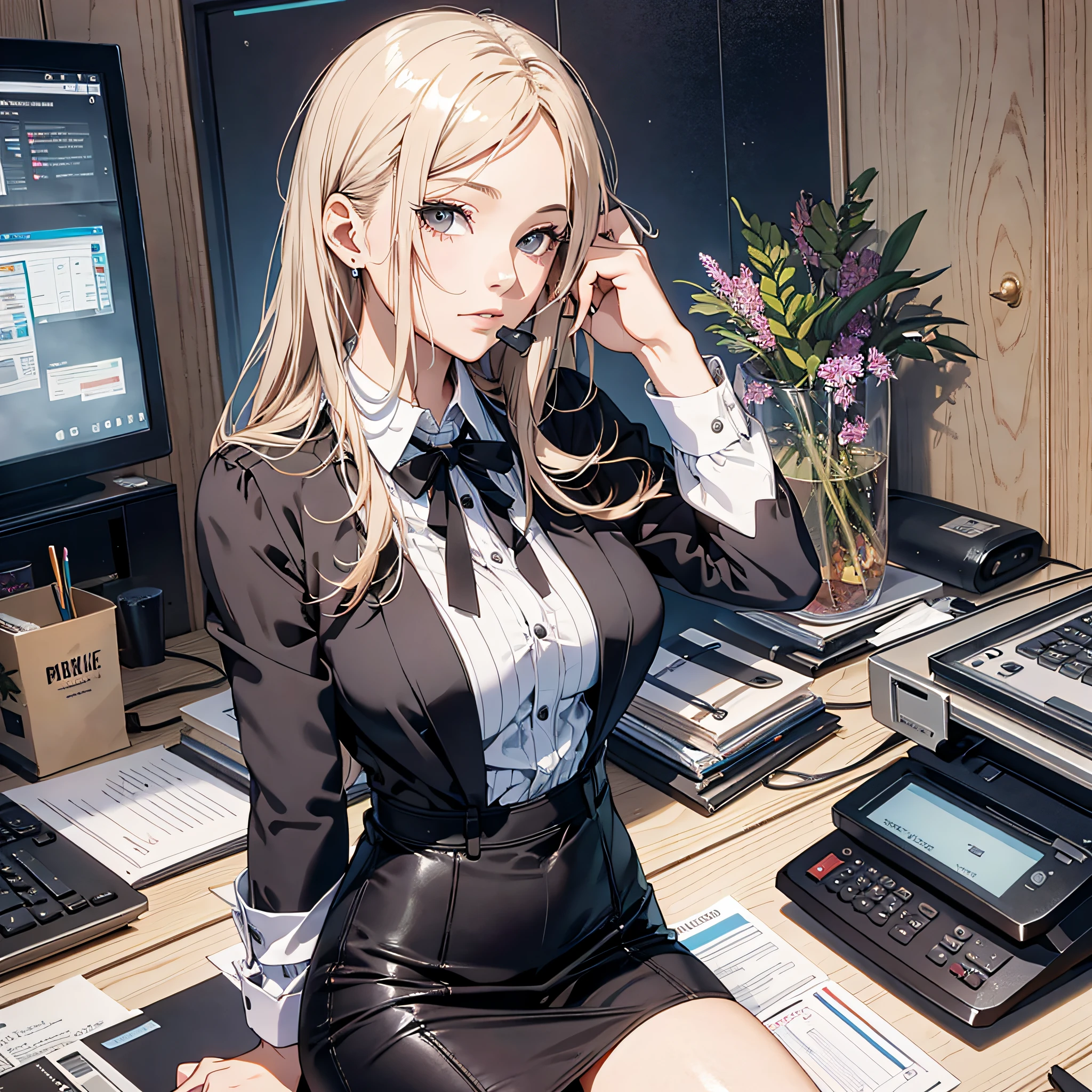 Office, young woman, assistant dressing up, answering the phone, office