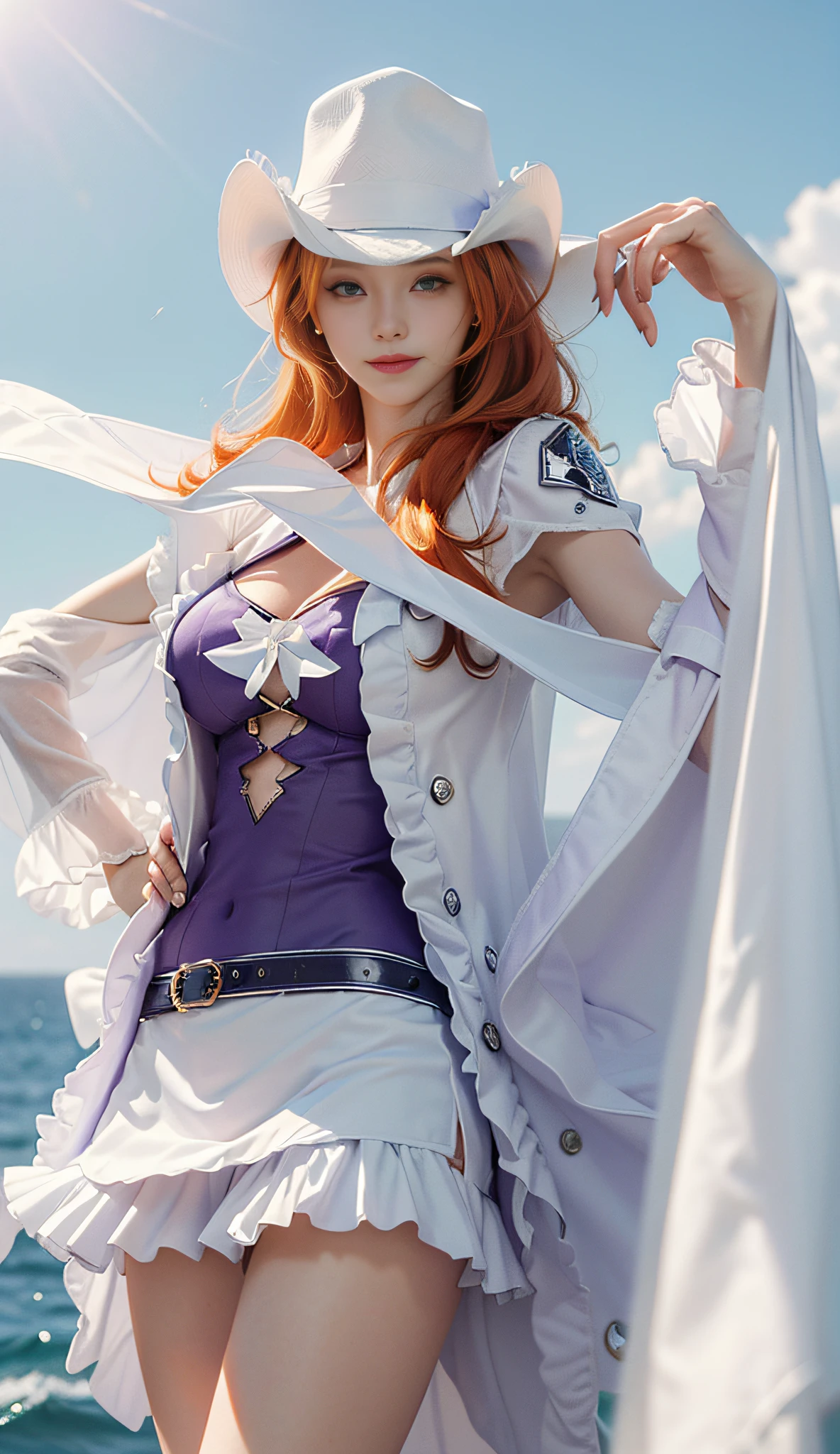 ((Best Quality, 8k, Masterpiece :1.3)), Full Body, Long Legs, Sharp Focus :1.2, A Beautiful Woman with Perfect Body :1.4, Slim Abs :1.1, ((Orange Hair, Huge Breasts :1.2)), (White Coat, Purple Bandeau, Purple Short Skirt, White Hat, Jumpsuit), Highly Detailed Face and Skin Texture, Brown Eyes, Beautiful Delicate Eyes, Double Eyelids, Smile, Standing by the Sea, Clear Sky, Professional Lighting, Photon Mapping, Light Energy Transfer , physically based rendering, (Pale Skin: 1.2), Look at the viewer, brighten the skin, shoot in front of the light, the sun in front
