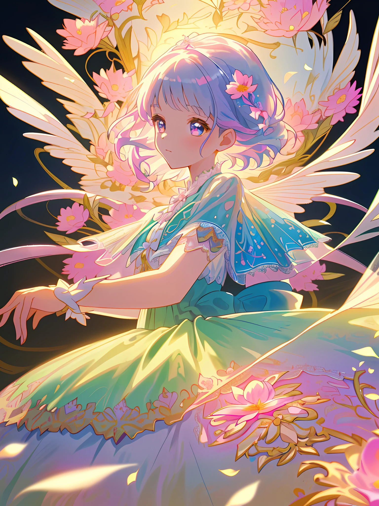 (1 girl), lace, ribbon, princess dress, (masterpiece, top quality, super detail, high resolution, fine beauty: 1.5), (fractal art: 1.4), official art, colorful, pastel colors, shining eyes, shiny hair, shiny skin, solo, delicate and beautiful, (lots of flower effects 1.4), flying petals,
