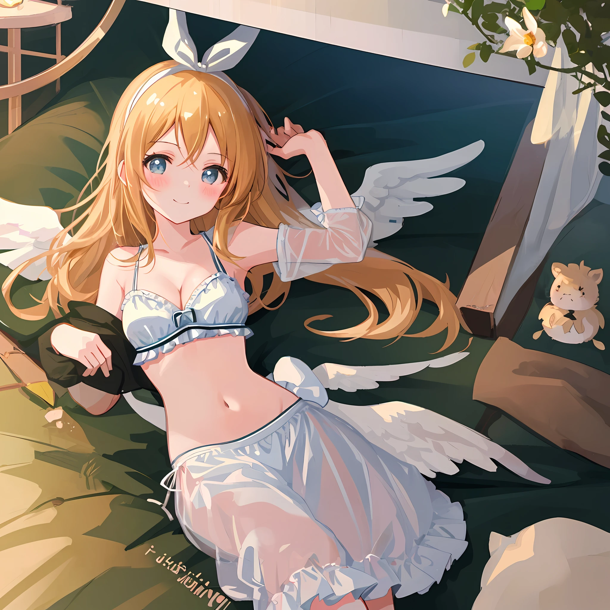 (((Masterpiece)))), (((Best Quality)))), (Illustration)))), (Ultra Detail)))), (High Definition)))), Girl, (Kagamine Rin), On the Bed, (Blush), (Embarrassing)), Cowboy Shot, Look at Viewer, (Lying on Your Back), (White Bikini), Cute, Ecchi Anime Style, Medium, Popular on pixiv, Lori, Beautiful Girl Anime Style, Sexy Anime Style, Buruaca Style, See-through, Cleavage, Most Popular on pixiv, On a soft plush bed, Angel, Sleeveless, Navel visible, Innocent face, Pure white wings, Character centered, Circle of angels, One Girl, Official Fan Art, pixiv Best Works, Smile, pixiv Top Rating, Little Sisters, Incredibly cute,