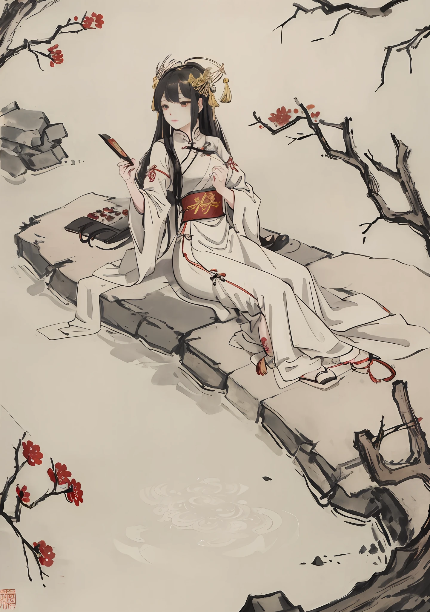 (masterpiece, best quality: 1.2), traditional Chinese ink painting, A cute 18 year old sexy girl with medium breasts, sexy white lace , Oversized dress :1.5, unparalleled masterpiece, ultra realistic 8k CG, perfect artwork, ((perfect female figure)),mature female, milf,chinese deity, alluring, clean, beautiful face, pure face, pale skin, absurdly long hair, divine goddess, shiny skin, old chinese building, skindentation,delicate pattern, intricate detail, (rich:1.4),fantasy, divine, clean, rich, prestige, fantastic, supreme, apex, paramount, goddess, lace, lace trim, delicate pattern, shiny skin, gold, royal, queen, supernatural, phenomenal, fabulous, marvelous, stupendous, terrific, spotlight, extremely detailed face, super idol face,messy hair, perfect lighting, plentiful, (detailedlight),((anextremelydelicateandbeautiful)),dramatic_shadow,ray_tracing ,((Legs apart,full body)), ((ancient china background, china patterns, shawl, hagoromo, hanfu, detailed clothes,chinese pattern dress)), (indoors + dark vibe + china courtyard + pond + pavilion + peaceful + bridge + trees),school uniform, wide thighs, improper sitting, crotch visible
