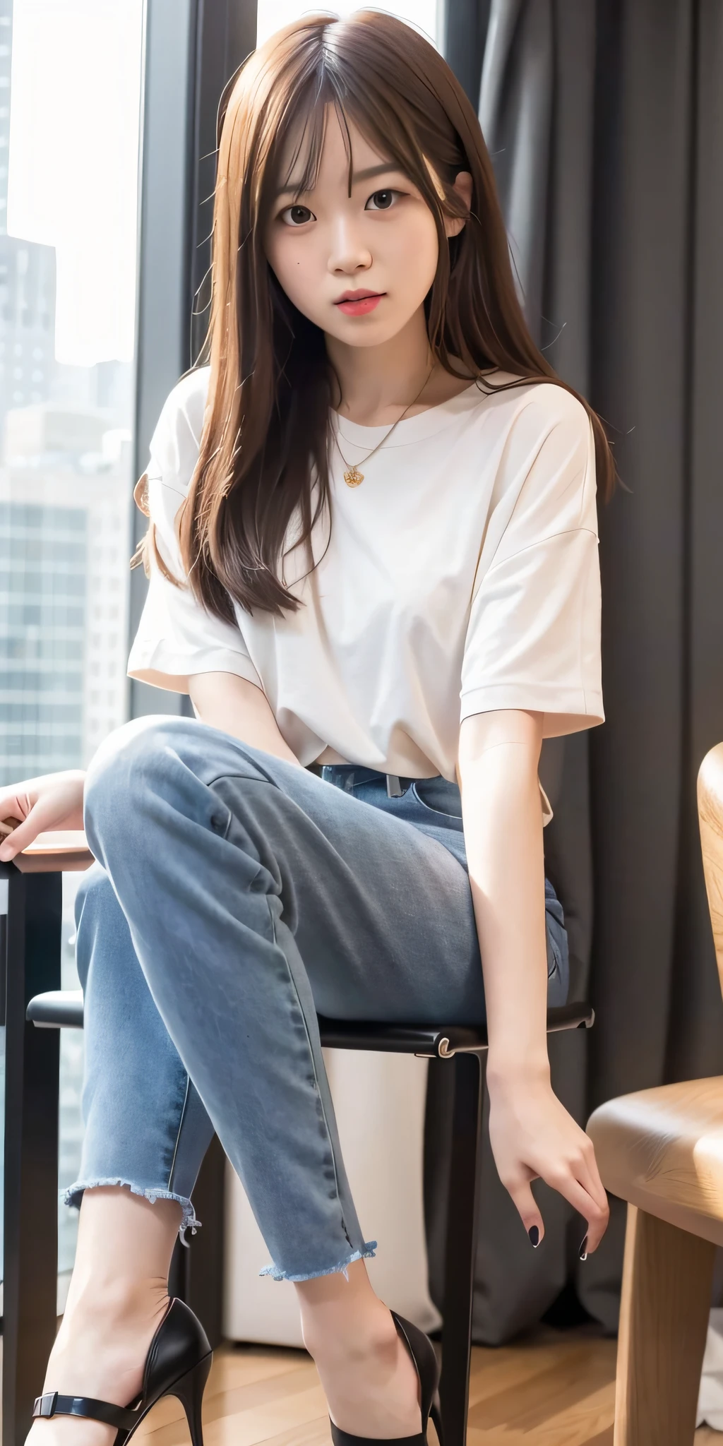 mix4, 20d, Solo, long_hair, Nanase Nishino, Haruka Kaki, Casual, Sitting in a Chair, high_heels,full_body, look_at_viewer, (8K, RAW Photography, Best Quality, Masterpiece:1.2), (Realistic, Photorealistic: 1.37), Professional Lighting, Photon Mapping, Radio City, Physically Based Rendering