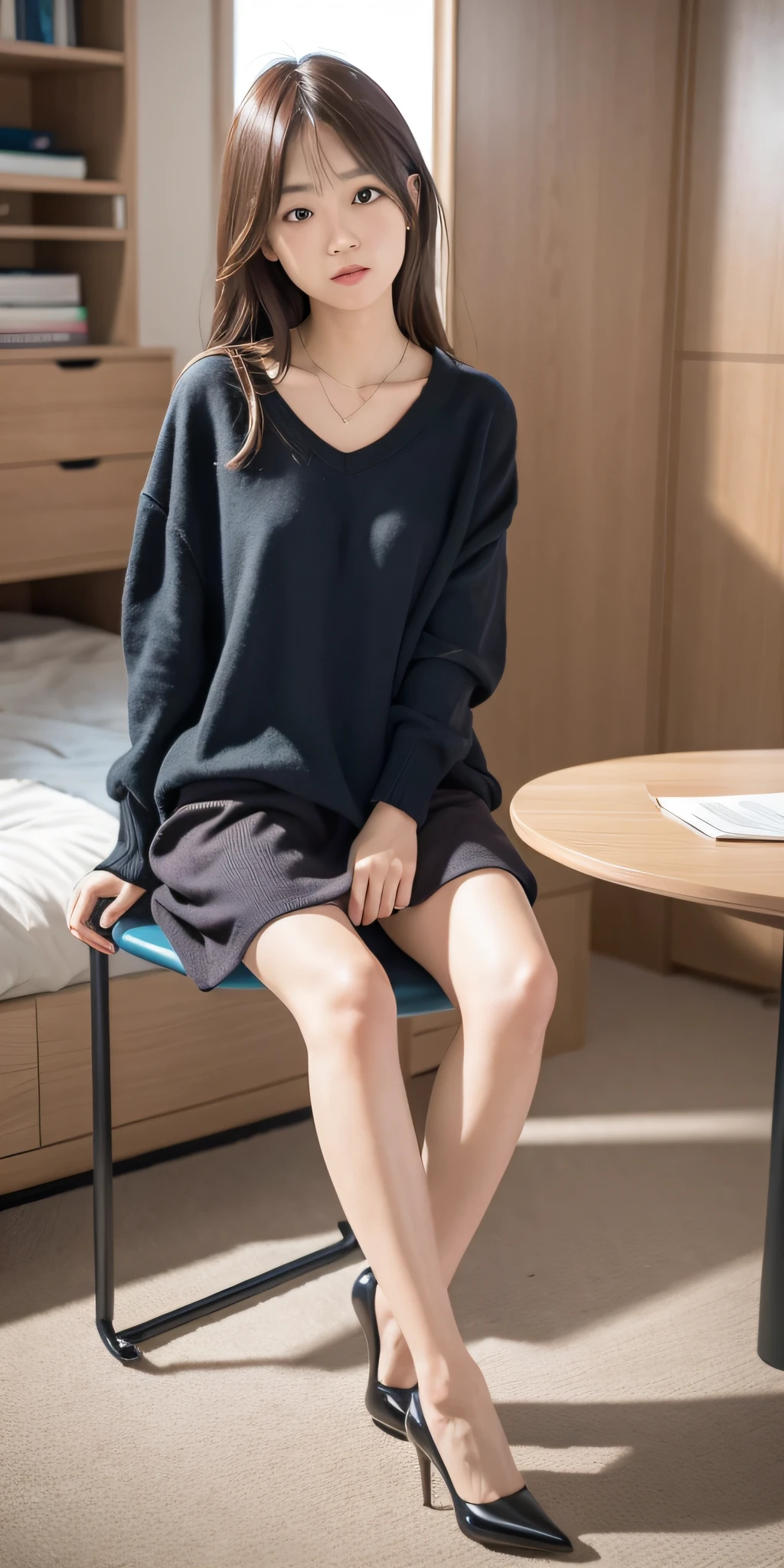 mix4, 20d, Solo, long_hair, Nanase Nishino, Haruka Kaki, Casual, Sitting in a Chair, high_heels,full_body, look_at_viewer, (8K, RAW Photography, Best Quality, Masterpiece:1.2), (Realistic, Photorealistic: 1.37), Professional Lighting, Photon Mapping, Radio City, Physically Based Rendering