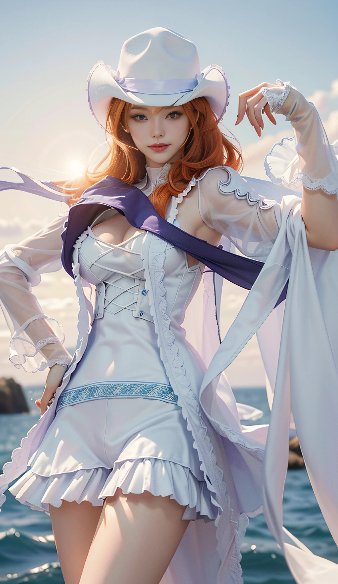 ((Best Quality, 8k, Masterpiece :1.3)), Full Body, Long Legs, Sharp Focus :1.2, A Beautiful Woman with Perfect Body :1.4, Slim Abs :1.1, ((Orange Hair, Huge Breasts :1.2)), (White Coat, Purple Bandeau, Purple Short Skirt, White Hat, Jumpsuit), Highly Detailed Face and Skin Texture, Brown Eyes, Beautiful Delicate Eyes, Double Eyelids, Smile, Standing by the Sea, Clear Sky, Professional Lighting, Photon Mapping, Light Energy Transfer , physically based rendering, (Pale Skin: 1.2), Look at the viewer, brighten the skin, shoot in front of the light, the sun in front