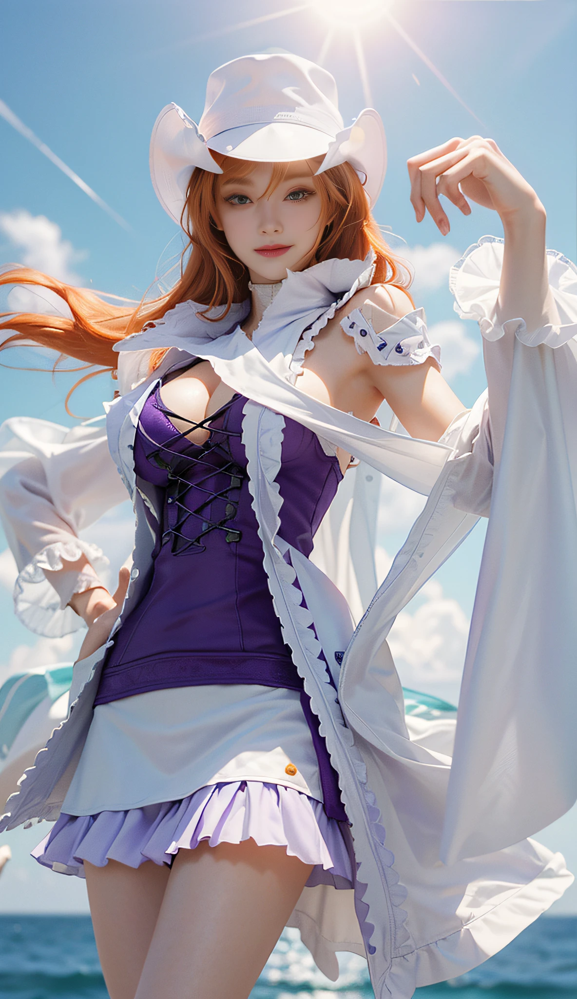 ((Best Quality, 8k, Masterpiece :1.3)), Full Body, Long Legs, Sharp Focus :1.2, A Beautiful Woman with Perfect Body :1.4, Slim Abs :1.1, ((Orange Hair, Huge Breasts :1.2)), (White Coat, Purple Bandeau, Purple Short Skirt, White Hat, Jumpsuit), Highly Detailed Face and Skin Texture, Brown Eyes, Beautiful Delicate Eyes, Double Eyelids, Smile, Standing by the Sea, Clear Sky, Professional Lighting, Photon Mapping, Light Energy Transfer , physically based rendering, (Pale Skin: 1.2), Look at the viewer, brighten the skin, shoot in front of the light, the sun in front