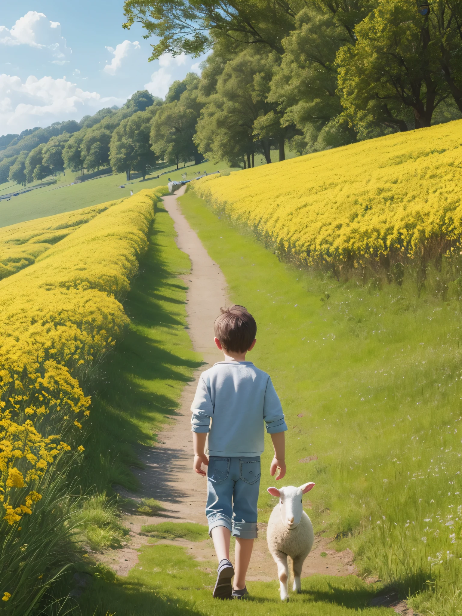 A boy and several cute sheep enjoying a beautiful spring walk surrounded by beautiful countryside and yellow flowers and nature. The illustration is a high-definition illustration in 4K resolution, featuring highly detailed facial features and cartoon-style visuals. --auto --s2
