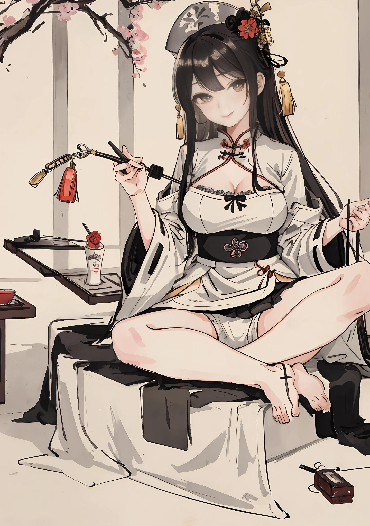 (masterpiece, best quality: 1.2), traditional Chinese ink painting, A cute 18 year old prostitute with medium  breasts, sexy white lace , Oversized dress :1.5, Couch, Ultra-detailed face, Detailed eyes, Double eyelid, sfw , evil smile:1.4 ,emphasizing slender abs :1.3, school uniform, wide thighs, improper sitting, crotch visible, solo