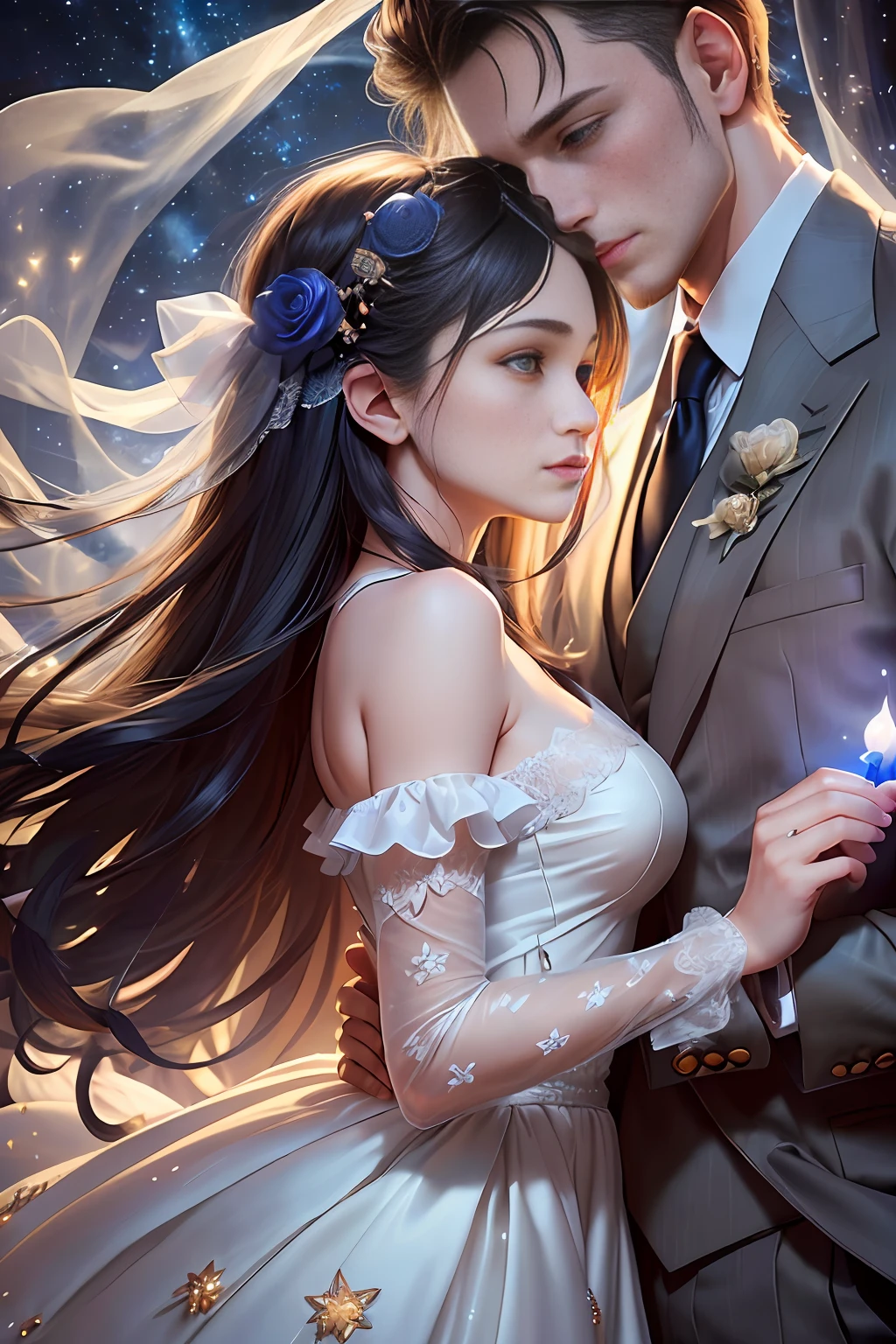 (masterpiece) | (best quality) | (ultra-detailed) | (best illumination) | (best shadow) | (an extremely delicate and beautiful) | floating | (1 couple) | (passionate expressions) | (detailed clothes) | (she:flowy dress, he:fitted suit) | (romantic background) | (night sky with stars) | (candles) | (soft lighting)